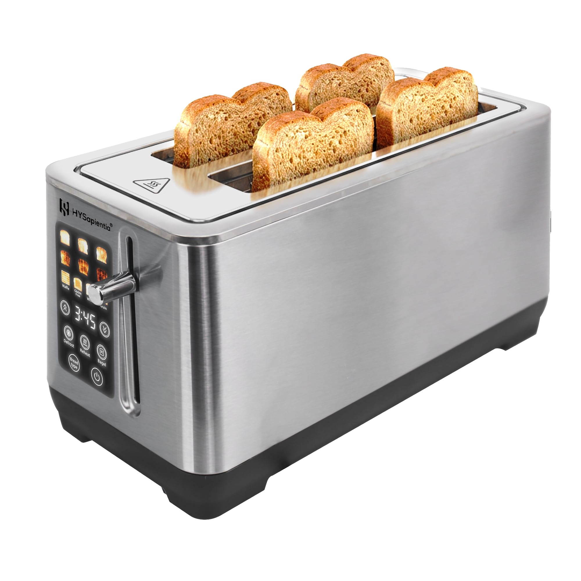 HYSapientia 4 Slice Slim Toaster with Touchscreen Display, 6-Level Browning, 13cm Extra-Deep Wide Slots, White Grain Waffle Gluten Free Modes, Defrost Reheat,Stainless Steel