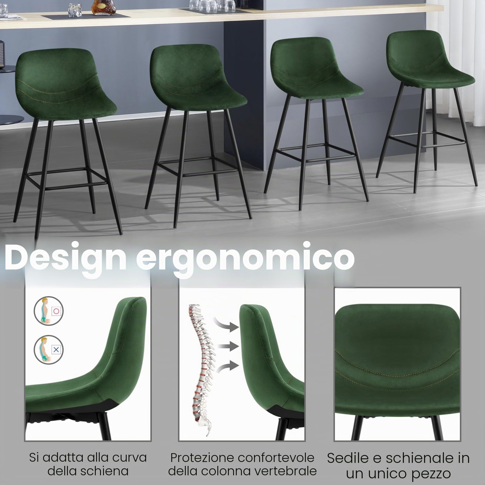 EUGAD Sgabelli Alto Set di 2, con Schienale, Velluto, Verde Scuro