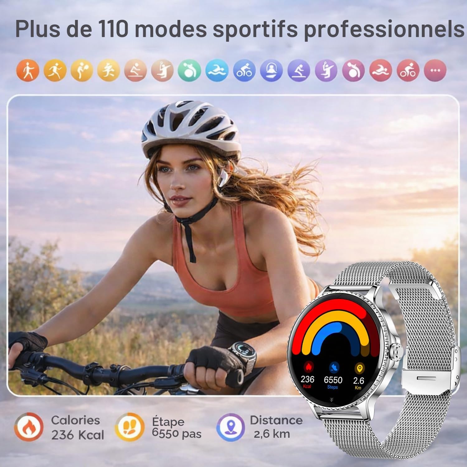 Montre Connectée Femme, 1.27" HD Smartwatch avec Appel Bluetooth, 110+ Modes Sportifs, Fonction Féminine, Sommeil, Fréquence Cardiaque, SpO2, Étanche IP68 Montre Intelligente pour Android iOS, Argent