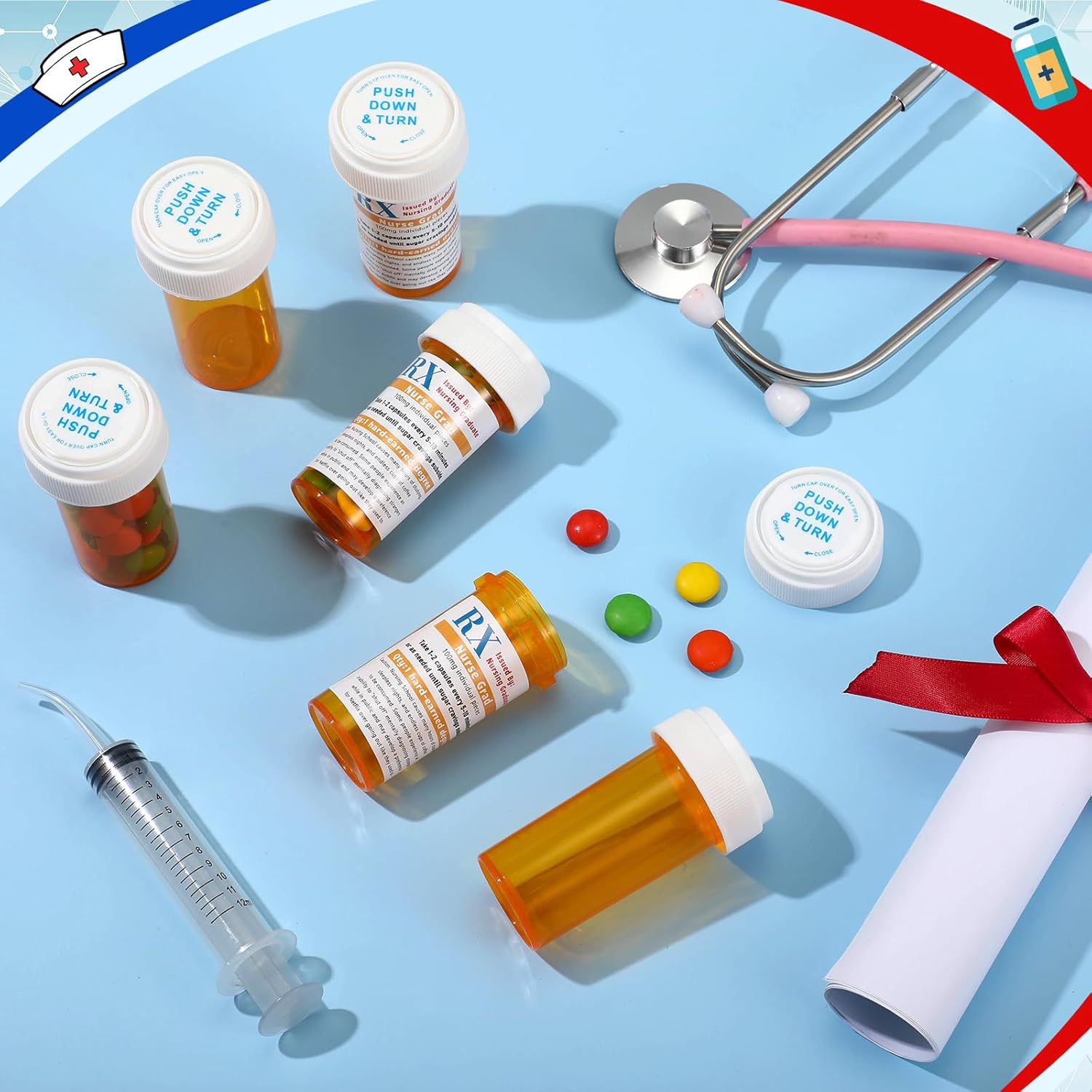 50 Set Nursing Party Supplies 50 Empty Pill Bottles with Caps 13 Dram Plastic Medicine Containers with 50 Sticky Label Pill Vial for Nurse Party Favors Serve