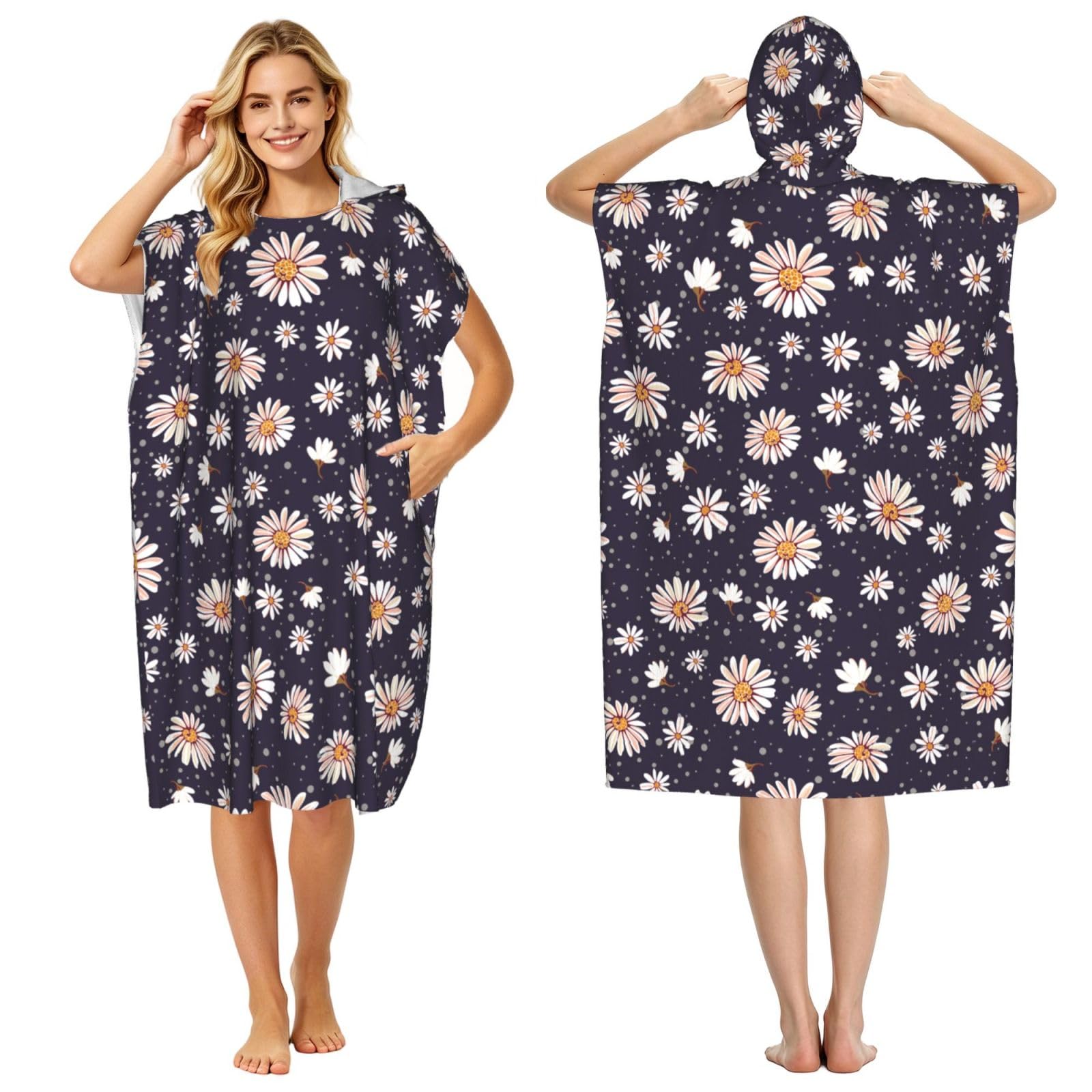 Poadnly Daisy Pattern, Adult Hooded Beach Towel 90 x 110 cm,Changing Bath Robe, Surf Poncho Towel For Women Men