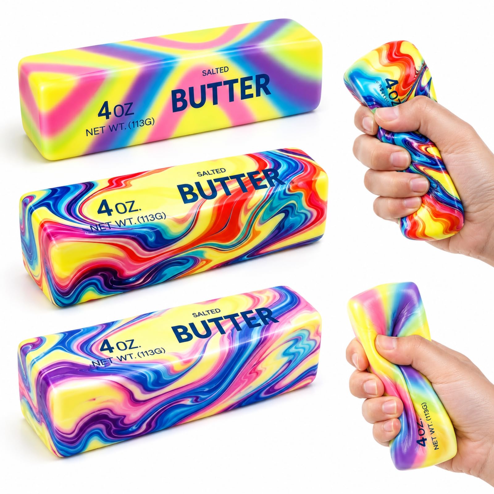 3Pcs Butter Squishy and Cheese Squishy Set, Colourful Butter Bar with Blue and Red Milk Bars, Flowing Sand Design for Quiet Hand Activity