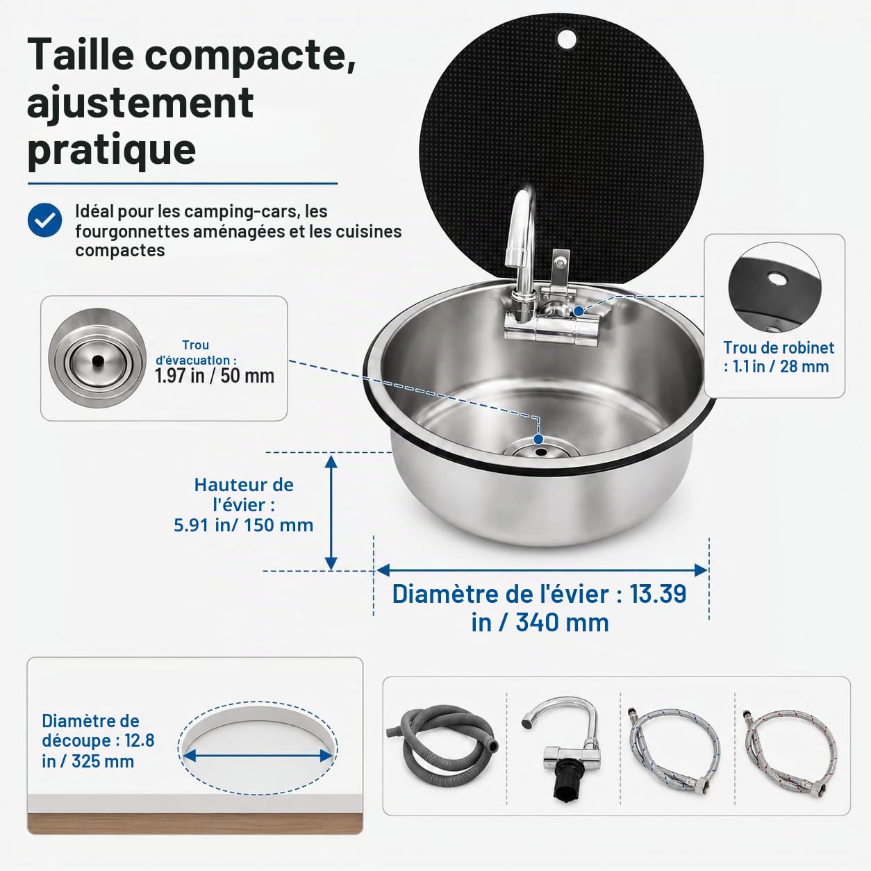 Évier de cuisine à fermeture éclair - 34 x 15 cm - En acier inoxydable - Avec robinet pliable - Pour camping-car, caravane, camping-car