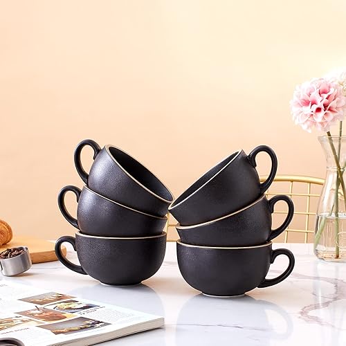 Miniatura 3 de Juego de 6 tazas de diseño vintage de 12 oz profesional Barista de cerámica Latte Art Cappuccino (6 unidades, negro áspero)