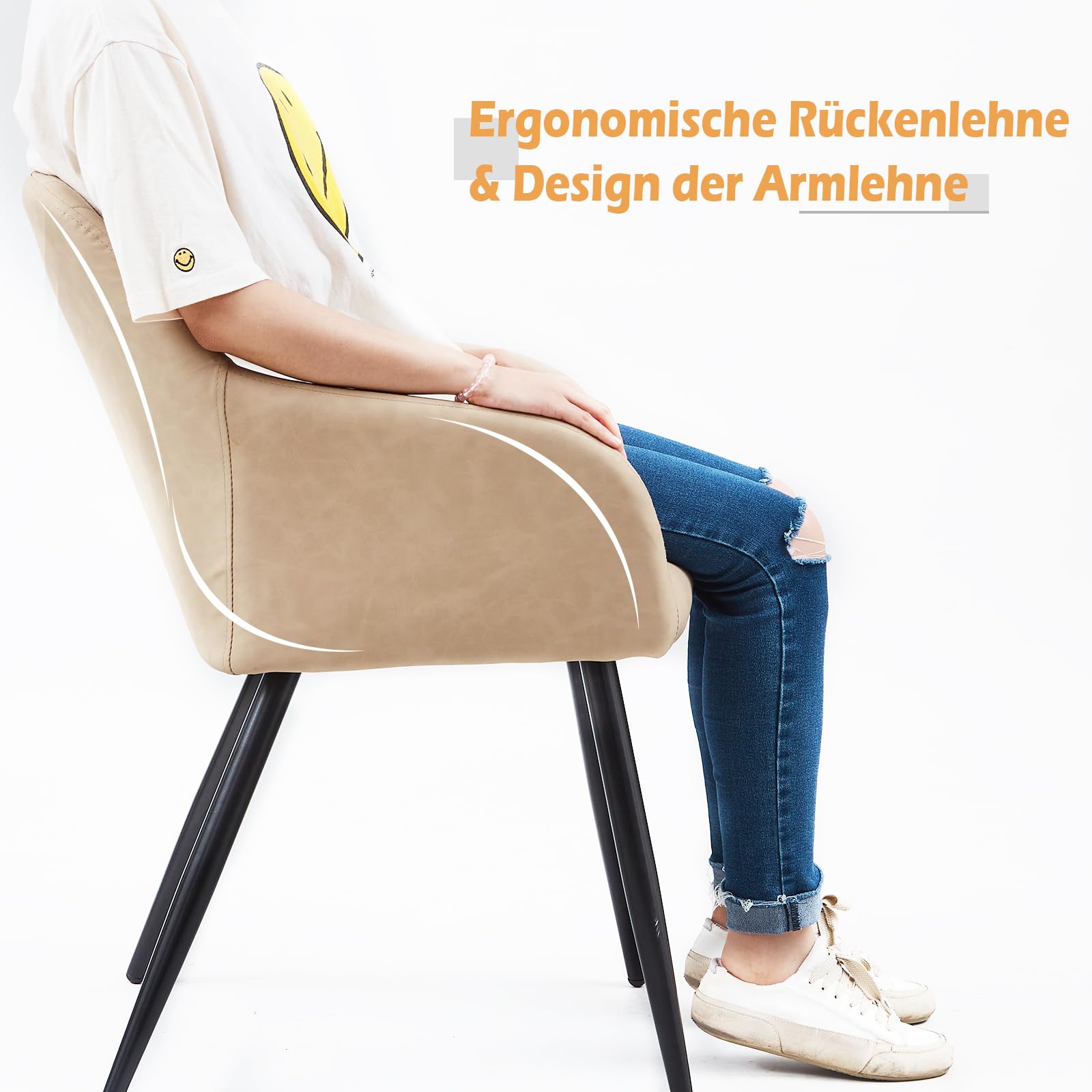TUKAILAi Lot de 1 Chaise de Salle à Manger Rembourrée PU, Chaise de Cuisine Simili Cuir avec Dossier et Accoudoirs, Pieds en Métal Ergonomique pour Salon Bureau Pas Cher (Beige)