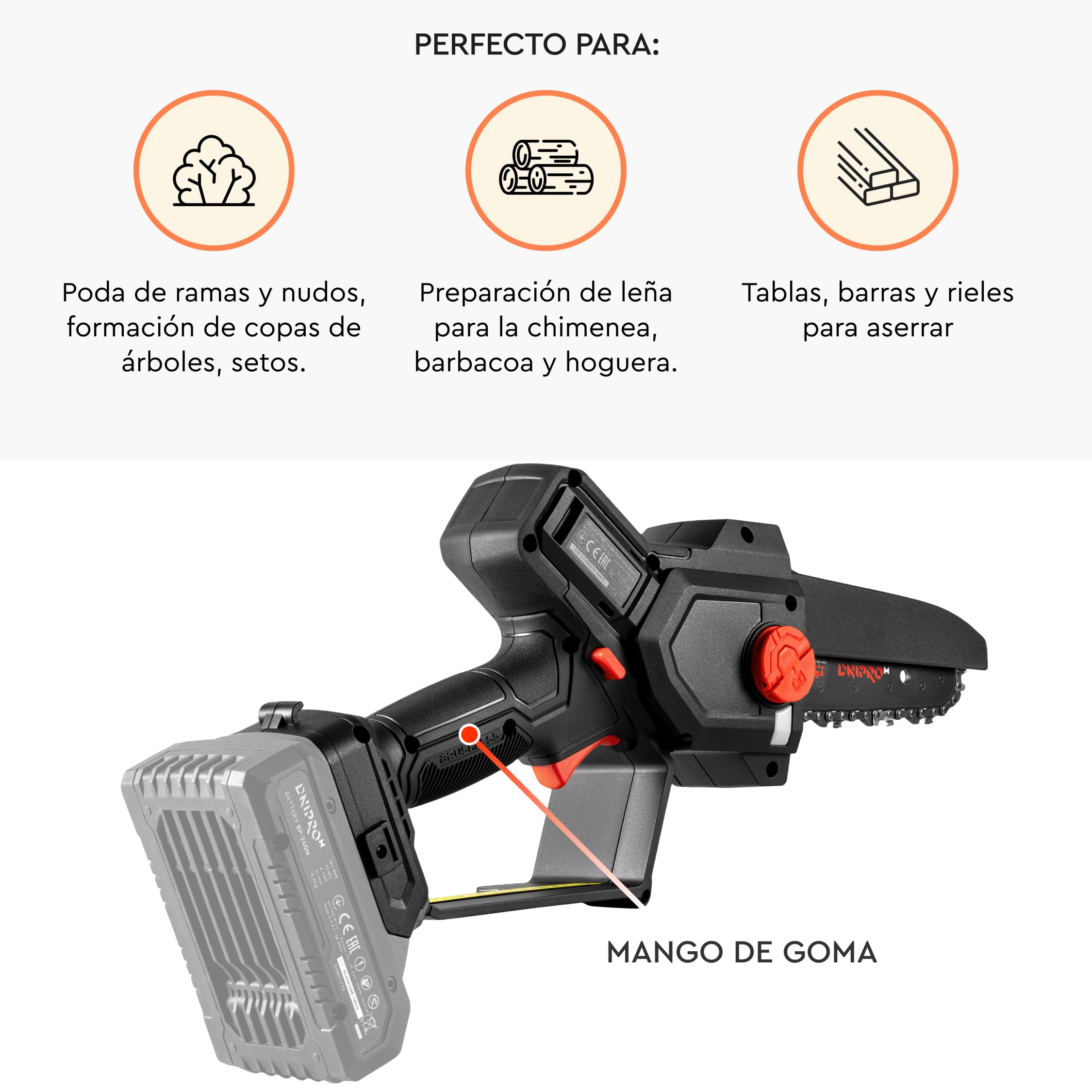 Mini Motosierra Batería DMS-201BC - Motor Brushless 20V, 4.400 RPM - Motosierra Eléctrica Pequeña Compacta, Guía 16 cm, Cadena 7,5 m/s, 1,2Kg, Tensado Sin Llave - Batería 6Ah y Cargador - Por Dnipro-M