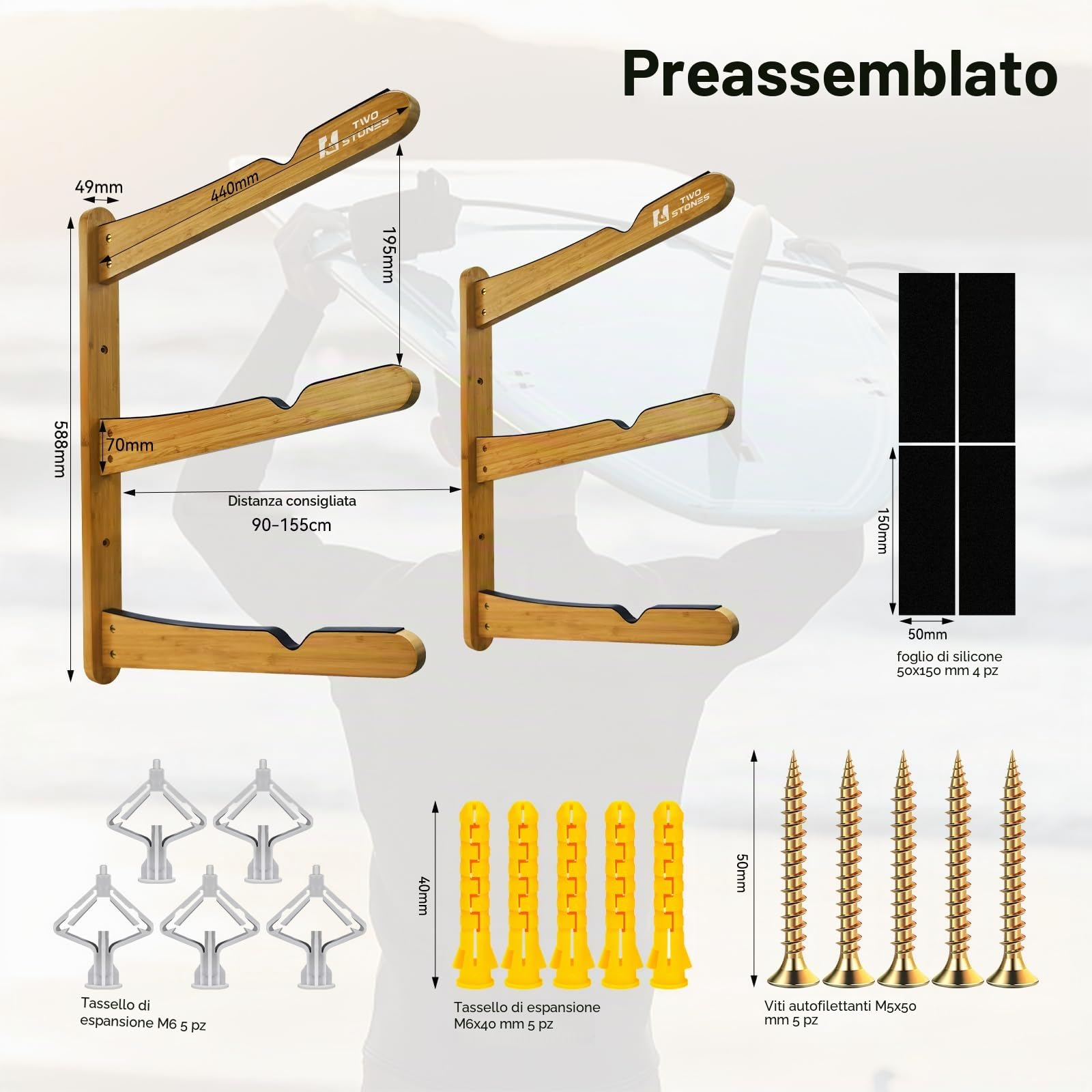Two Stones Rack per tavola da Surf per Parete, Appendiabiti per tavola da Surf Funziona Come Supporto o Supporto per shortboard, Skimboard e Longboard (CJ-OT2202)