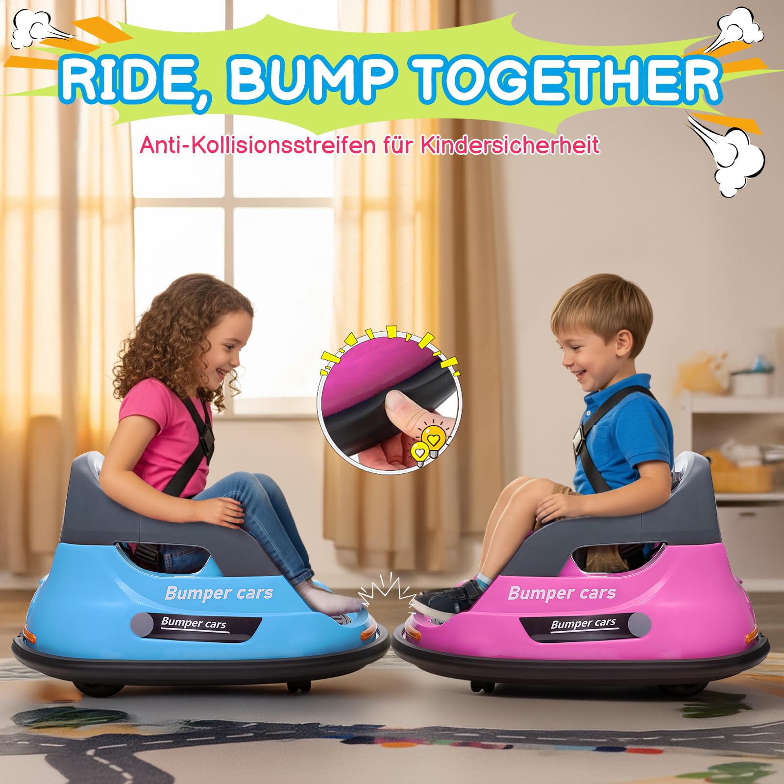 FANTASK Autoscooter Für Kinder, Elektrisches Bumper Car Mit Blinkenden LED-Lichtern & Fernsteuerung & Musik & 360-Grad-Drehung, Kinderscooter Für Kinder Ab 18 Monaten (Blau