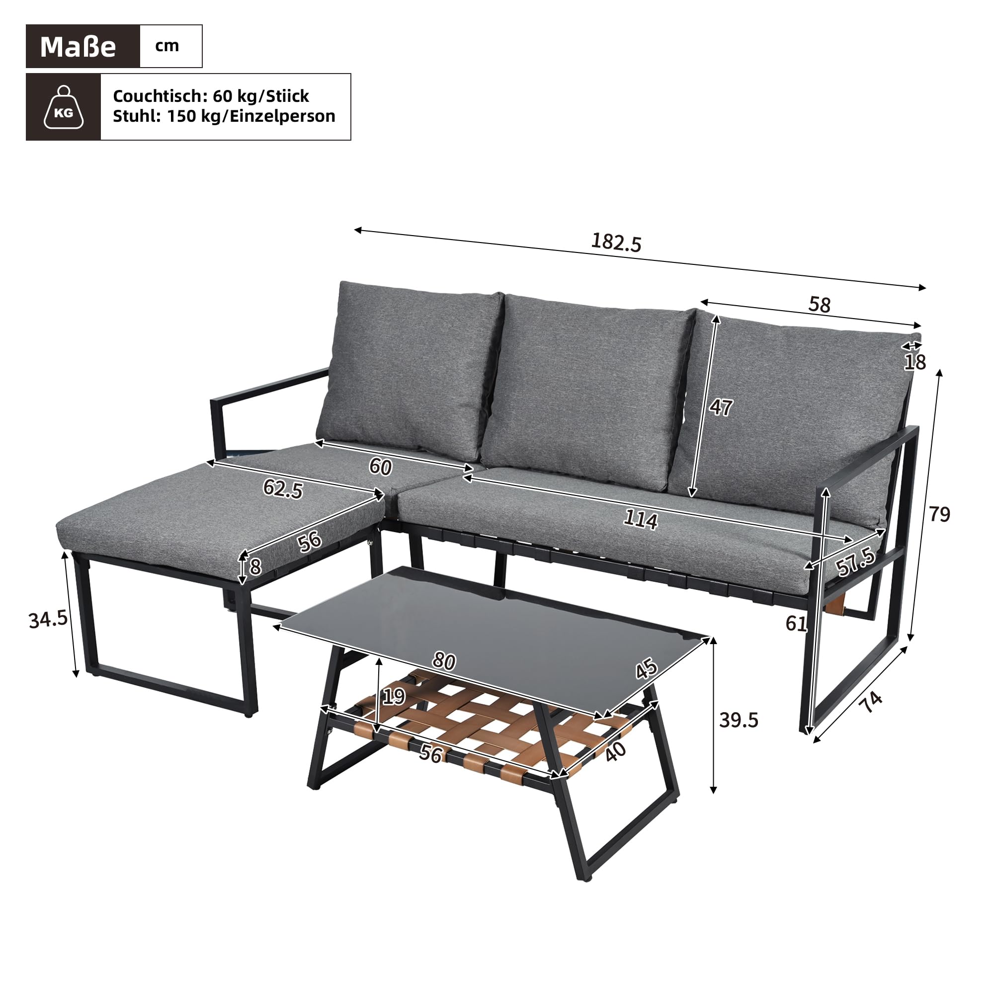 Juego de muebles de jardín, sofás para 4 personas, juego de esquina, sofá + mesa + reposapiés, tubo de acero galvanizado, tablero de cristal, sofá combinado para exteriores, gris