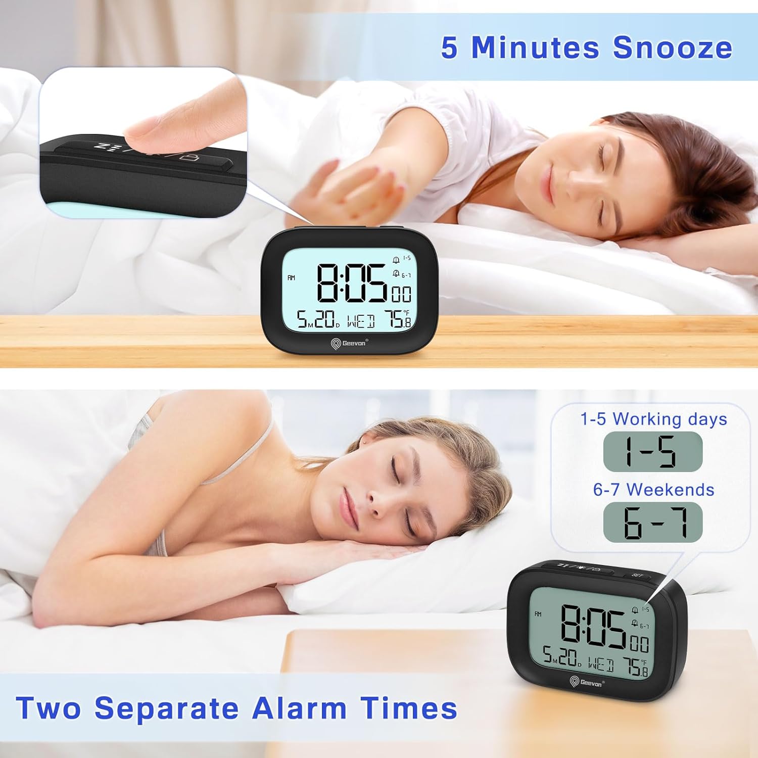 Geevon Small Travel Alarm Clock showing dual alarm settings