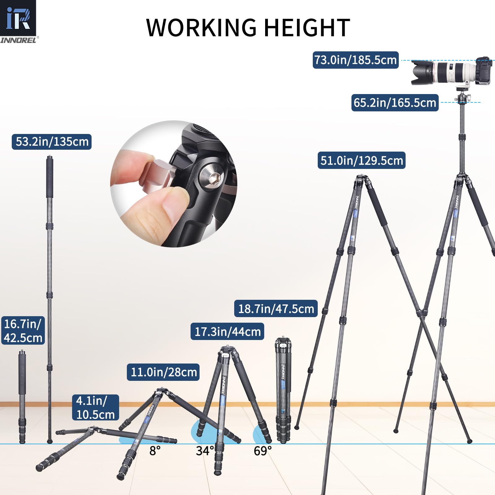 INNOREL KT254C Monopod monopod z włókna węglowego Profesjonalny przenośny kompaktowy statyw podróżny do lustrzanki cyfrowej 25,6 mm Tube obciążenie 15 kg z regulowanym prętem przedłużającym