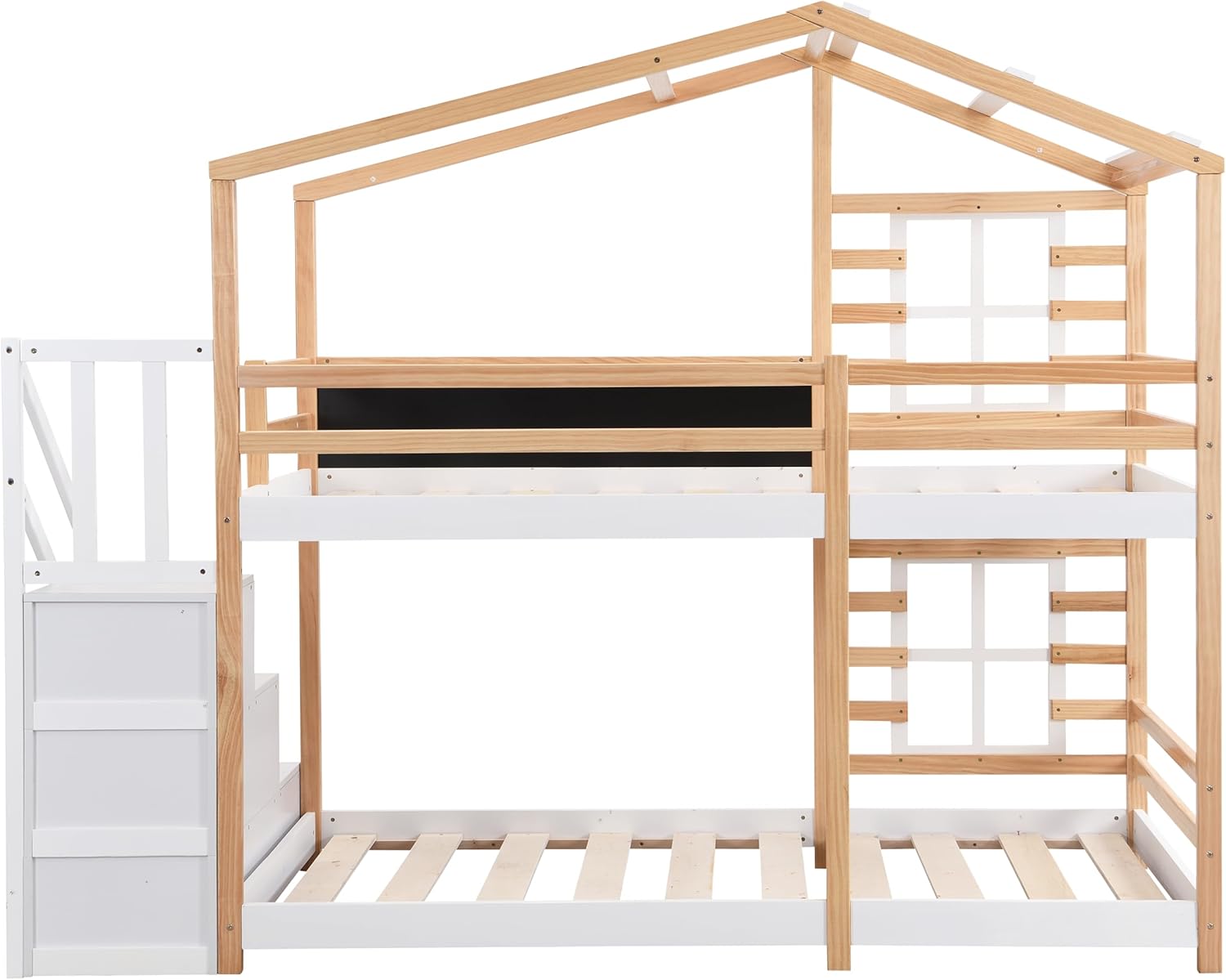 KEIKI Wooden Twin Over Twin House Bed Frame with Roof/Window, Twin House Bunk Bed with Storage Stairs, Kids Bed Twin Size Pine Bunk Platform, White & Natural