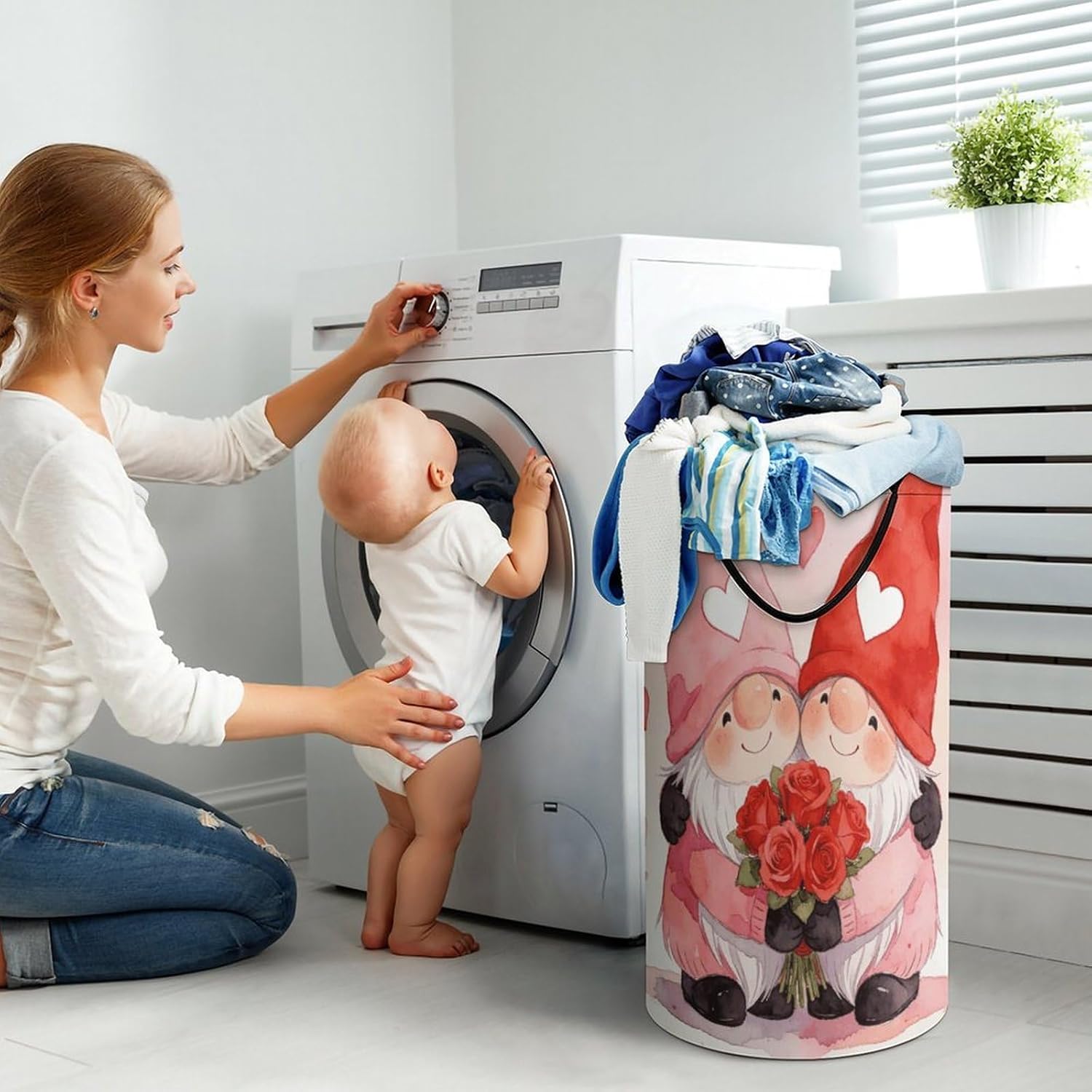 Valentines Gnomes Laundry Hamper with Handles Waterproof Collapsible Laundry Basket Large Lightweight Round Dirty Clothes Hamper for Home Dorm Bathroom Decor