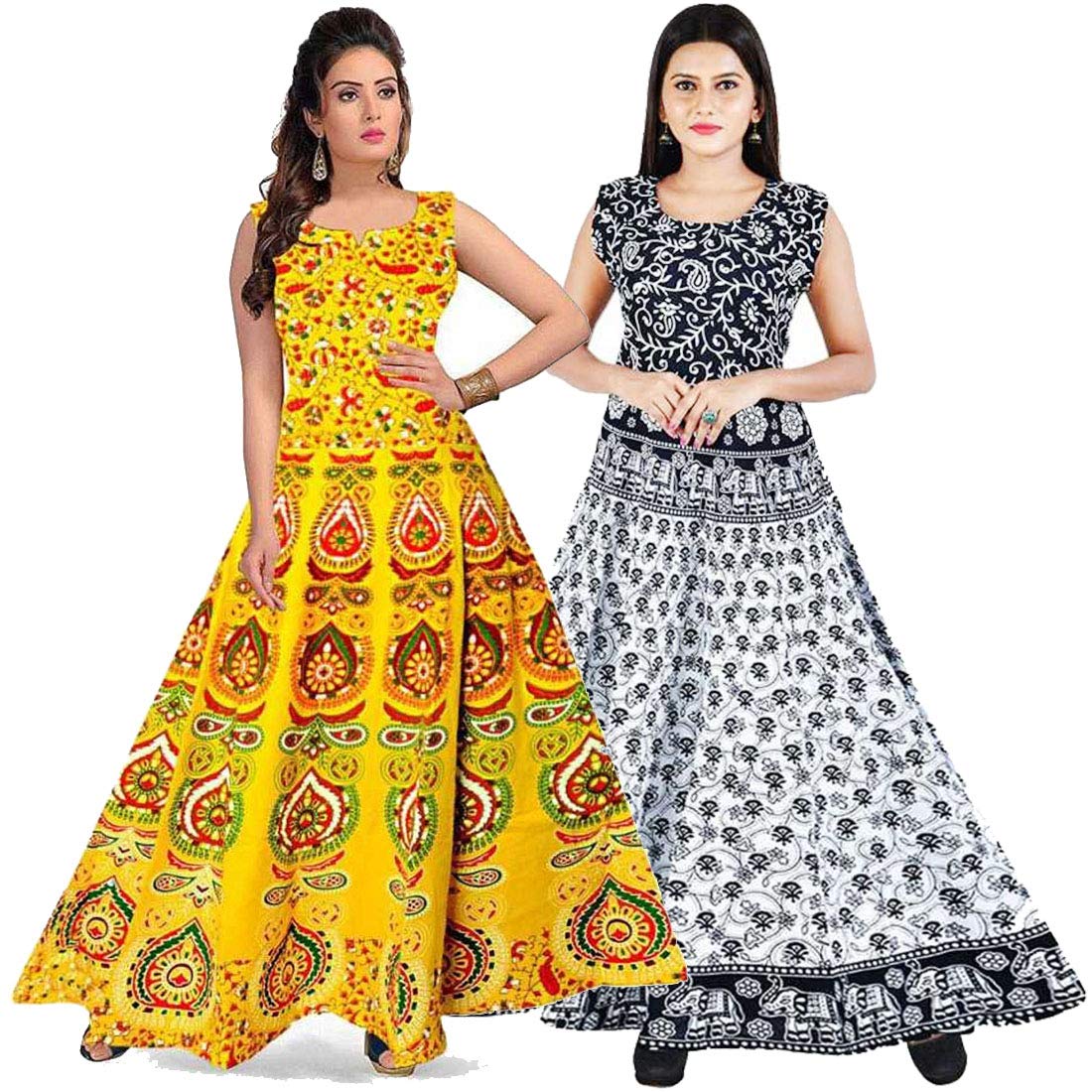 Disha IndustriesCotton Women's Maxi Long Gown Jaipur Printed (Free Size Upto 44-XXL), Multicolor Pack of 2 Pieces Disha-FR2156
