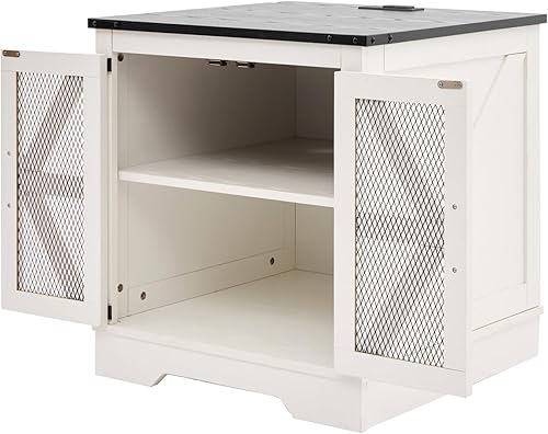 Miniatura 8 de Mesa auxiliar grande de granja con estación de carga y puerta de granero de malla, mesita de noche rústica de madera negra con estante de