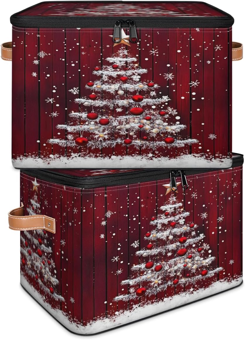 Storage Bin Set of 2 Christmas Tree Snowflake Storage Basket with Zipper Lid & Handle Foldable Closet Shelf 2 Pack Cloth Organizer Basket Cube Bins for Bedroom, Nursery