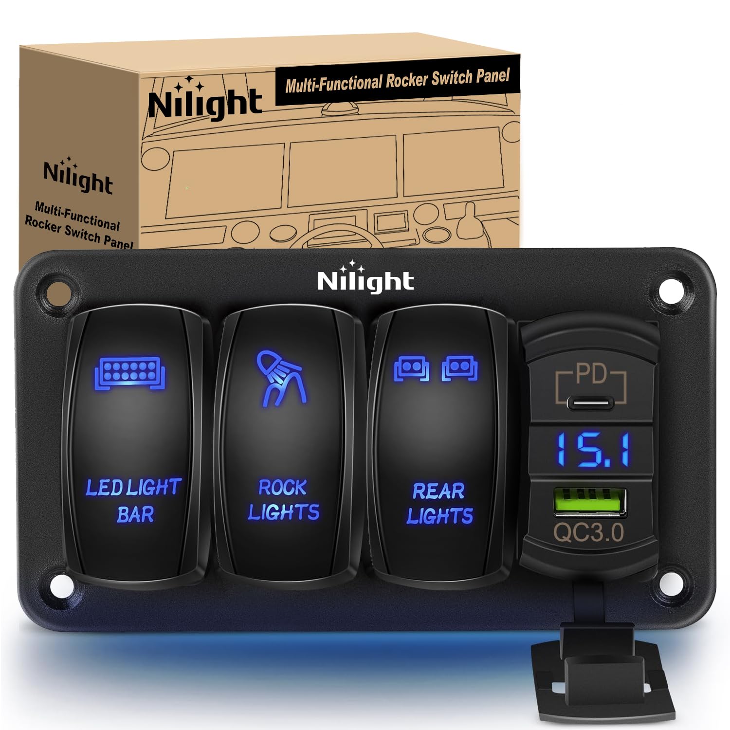 Nilight3 Gang Rocker Switch Aluminum 12V 24V Laser Toggle Switch Panel Blue PD Type C USB Charger Voltmeter LED Light Bar Rock Lights Rear Lights for Car Truck Boat RV