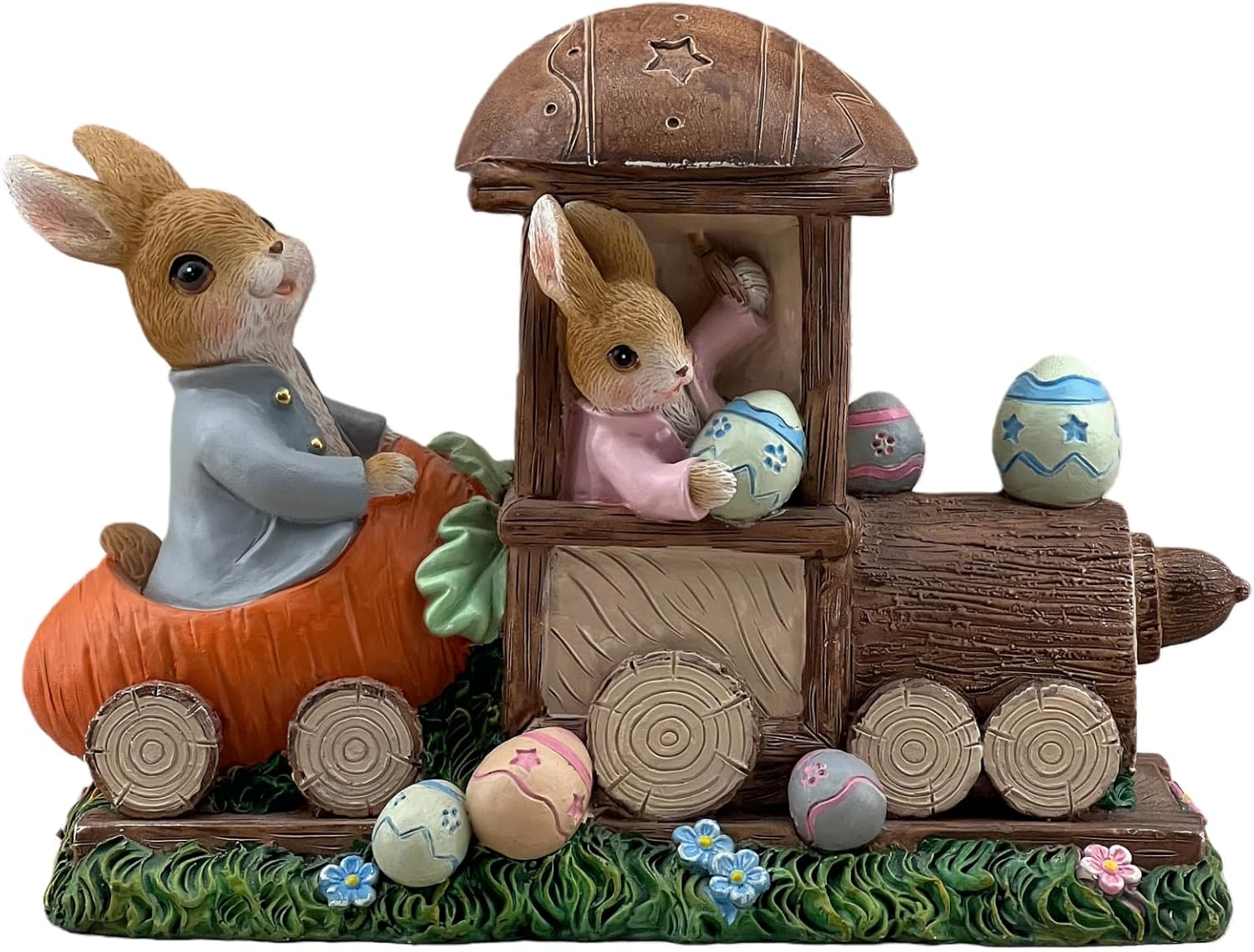 Bunny Train Statue with Easter Egg Rabbit Carrot Decor Resin Figurines Sculptures Birthday Decorative for Spring Party Supplies Home Garden Theme Statues, Yard Garden Decorations (Brown)