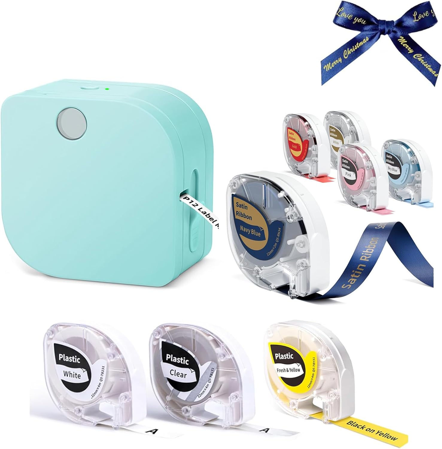 Phomemo Ribbon Printer with 8 Tapes, P12 Small Bluetooth Mini Label Makers with Multiple Templates Ribbon Printer Machine for Kid School Items, Home, Cloth Name Tag, Gift Wrap, Green