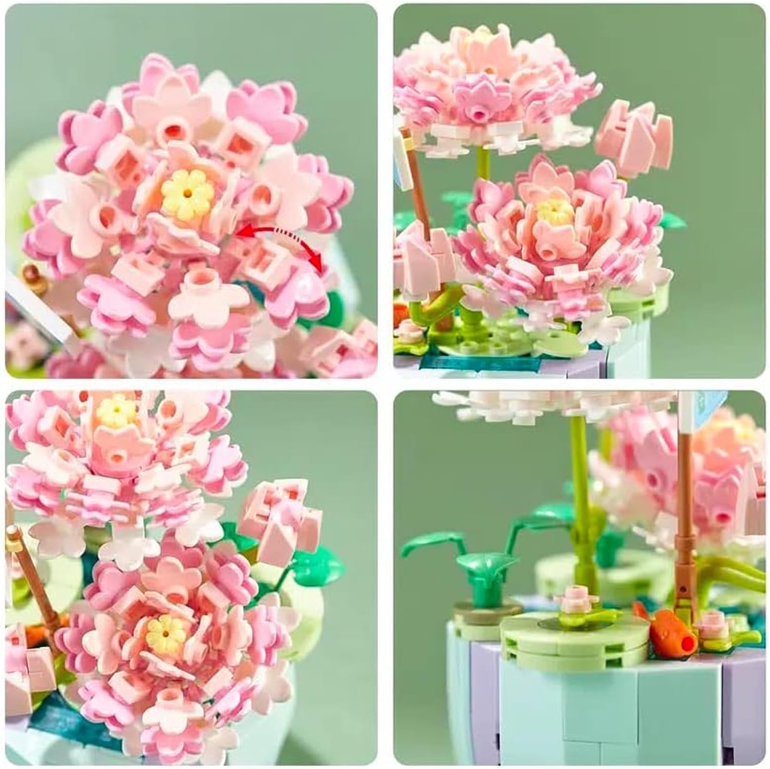 Four close-up images showing different stages of assembling the lotus flower petals and attaching them to the stem.