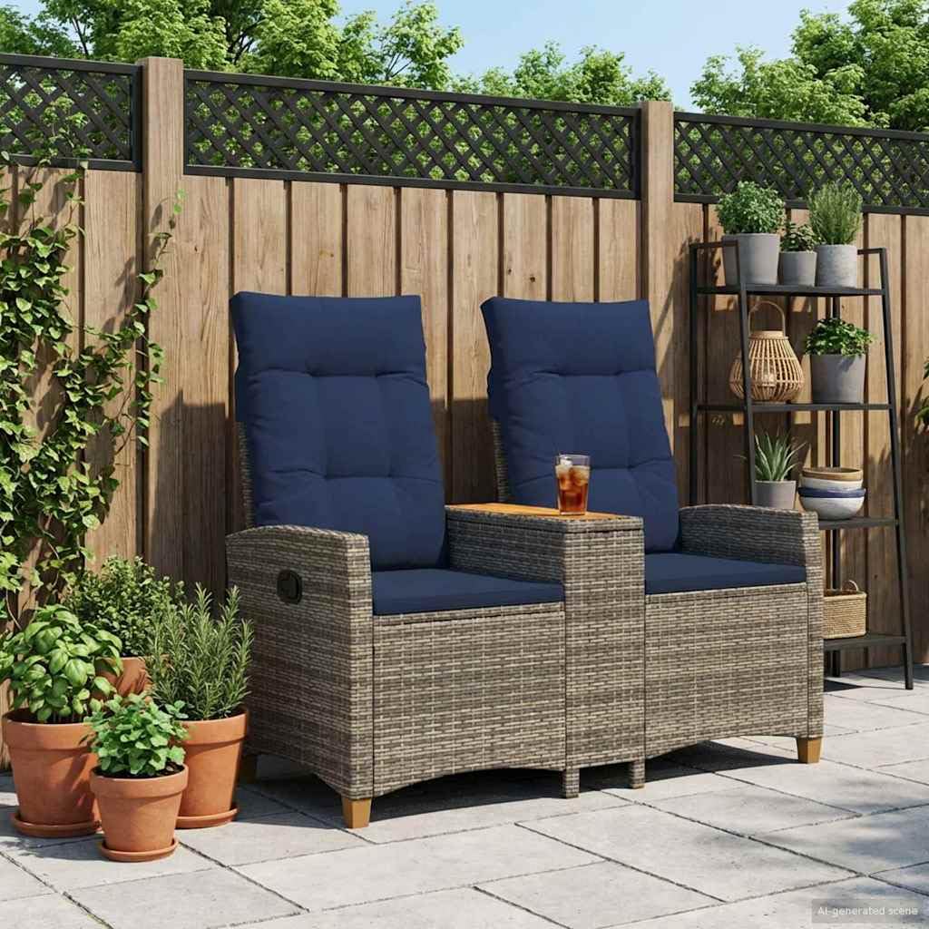 Gartenbank mit integriertem Tisch, Rattan-Optik Sitzbank mit Verstellbarer Rückenlehne, Poly-Rattan Liegebank für Terrasse und Garten, Grau und Marineblau, 126 x 65 x 112 cm