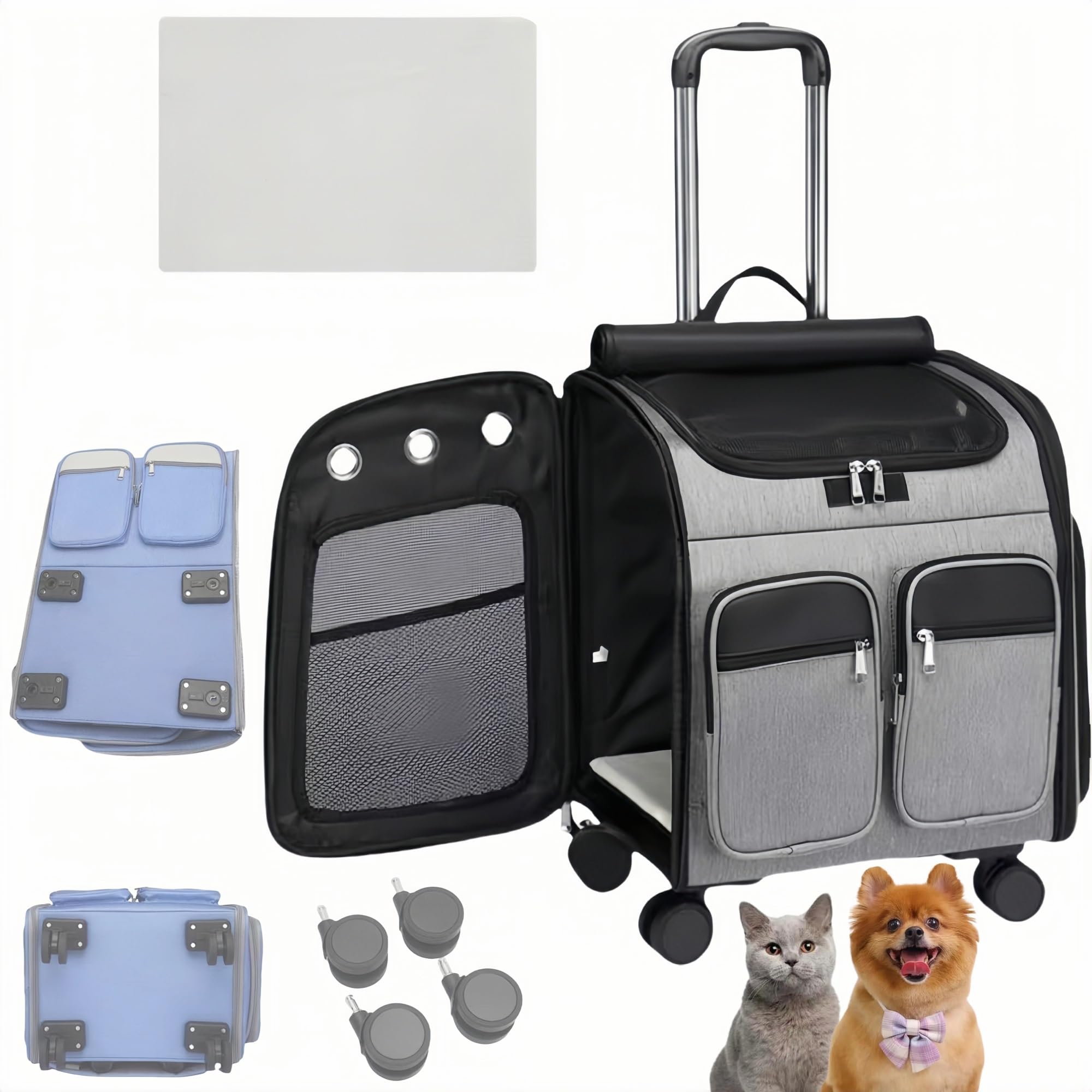 yacoxe Dog Stroller, Pet Trolley Backpack，41 * 30 * 43cm Dog Cat Pushchair，Dog Carrier, Foldable Pet Stroller, 360 ° Wear-Resistant Rubber Wheels Dog Travel Carrier, for Small Dogs & Cats(Grey)