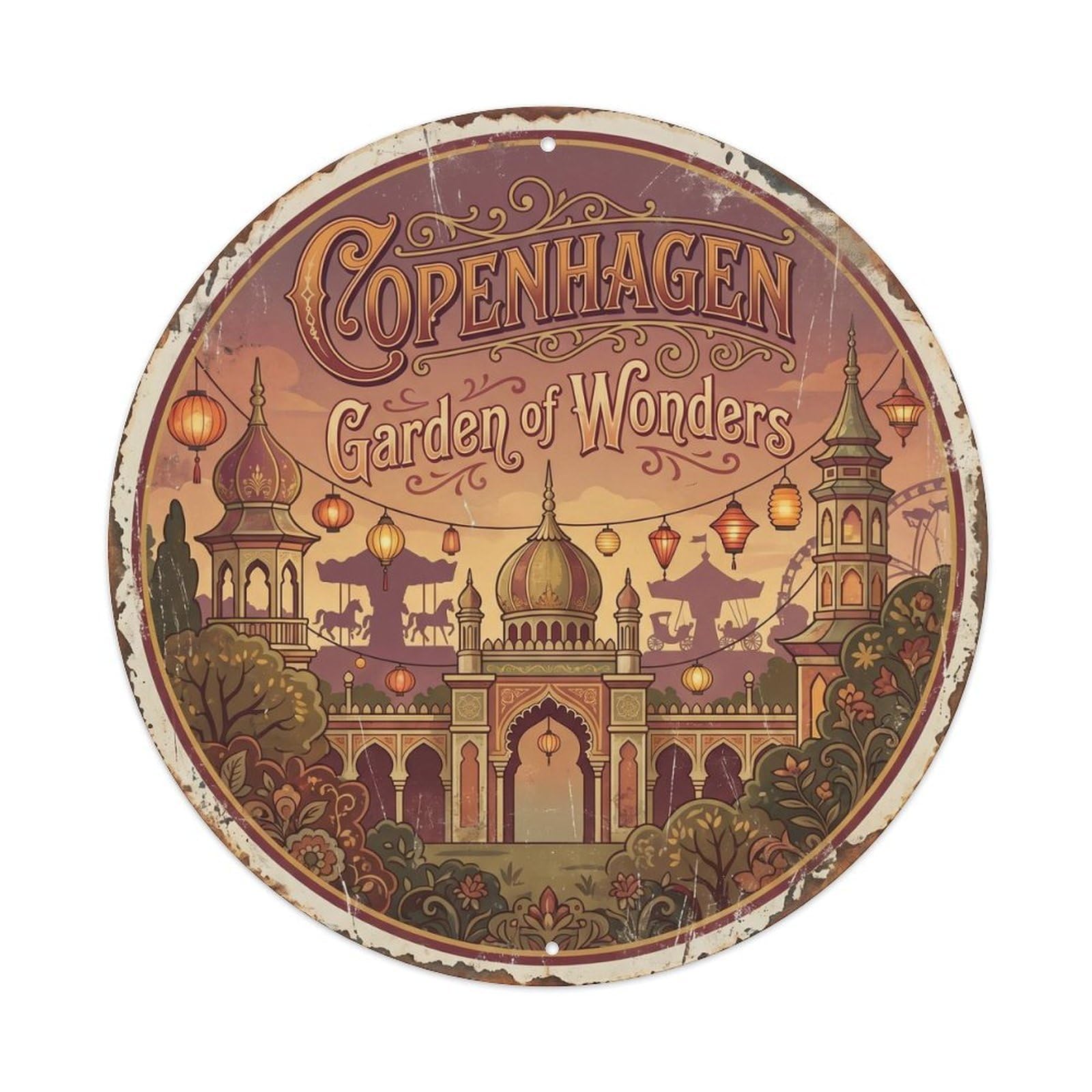 Vintage Travel Copenhagen Gardens Denmark Metal Tin Sign Plaque Wall Decor for Cafe, Club Bar, Office, Home Garden Round Metal Poster 8x8Inch
