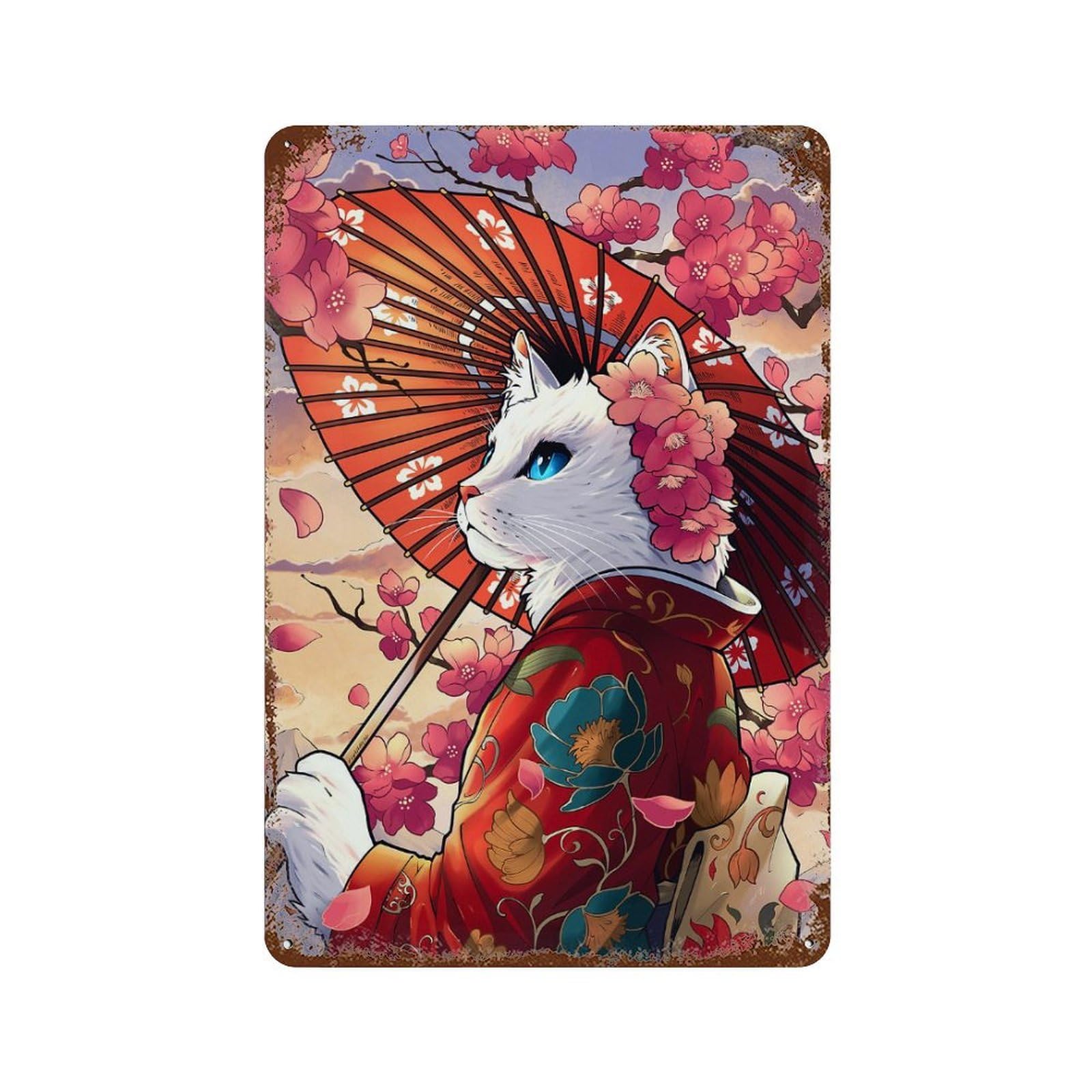 Vintage Rust Metal Sign with Cat Geisha And Cherry Blossoms Design 11.8"x7.9", for Office, Studio And Wall Decor, Farmhouse Wall Decor