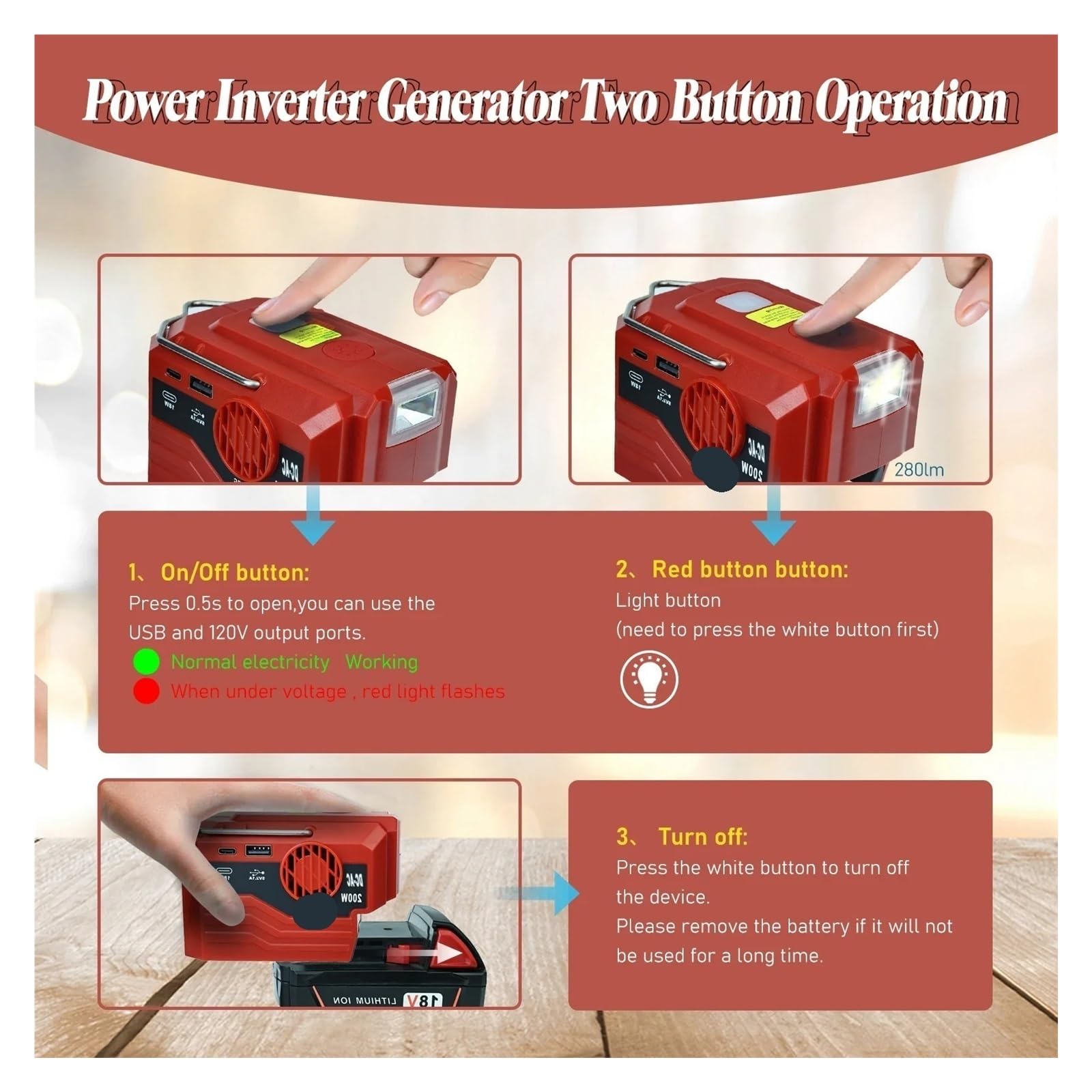 Falownik, Przenośny inwerter zewnętrzny 200 W, 18 V, akumulator do zasilacza AC USB, konwerter z konwerterem światła