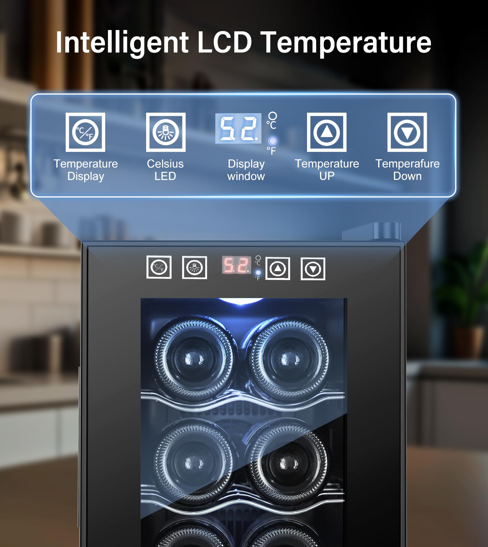 Rlpi 8 Bottle Thermoelectric Wine Fridge, Mini Wine Cooler Refrigerator With LED Touchscreen & Low-E Glass Door, No Vibration Frost-Free Quiet, Countertop/Freestanding, Safety Lock on Fridge.com - View 2