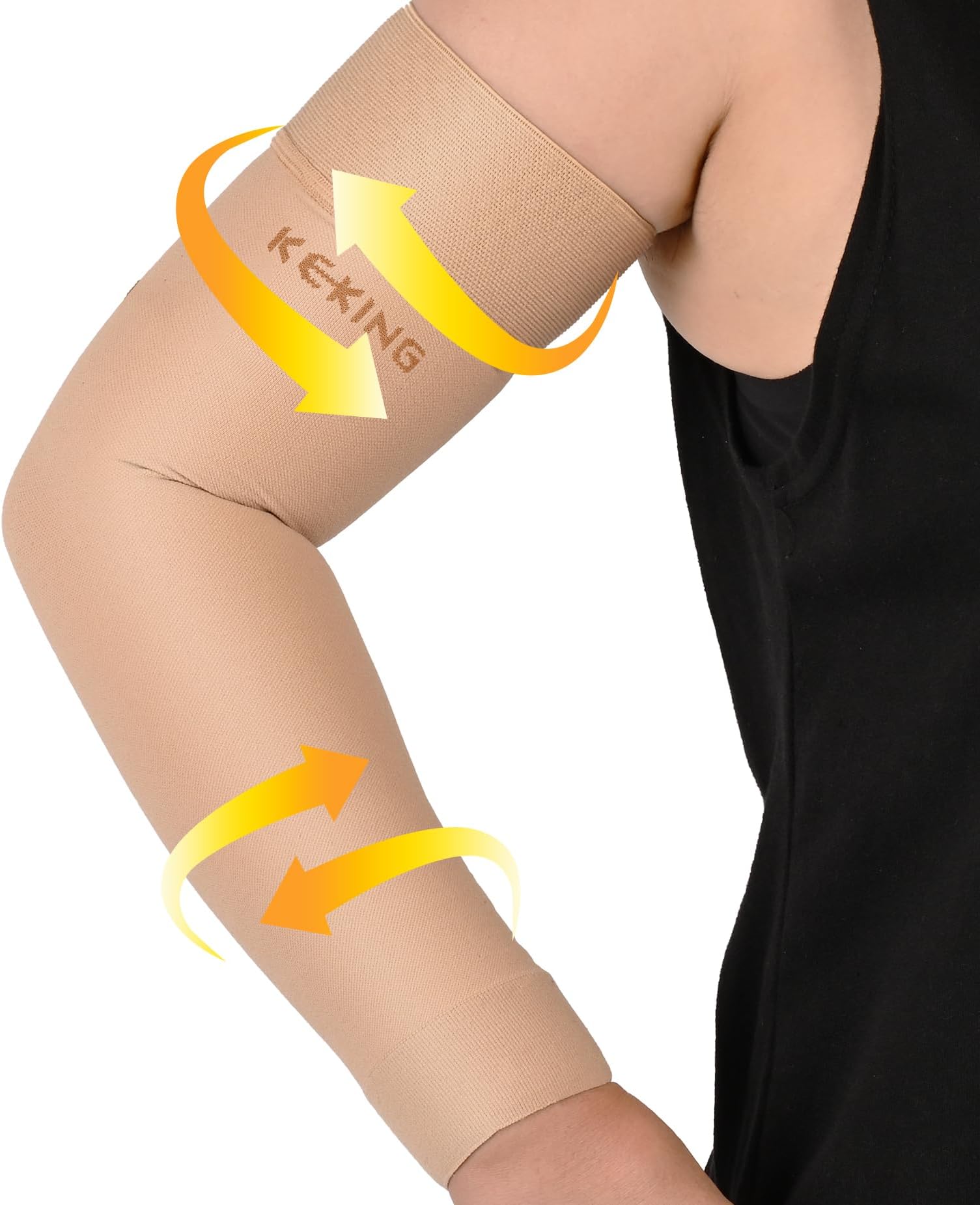 KEKING® Lymphedema Compression Arm Sleeves with Silicone Band for Men Women (Pair), 15-20 mmHg Compression Full Arm Support for Lipedema, Edema, Post Surgery Recovery, Swelling, Pain Relief, Beige M