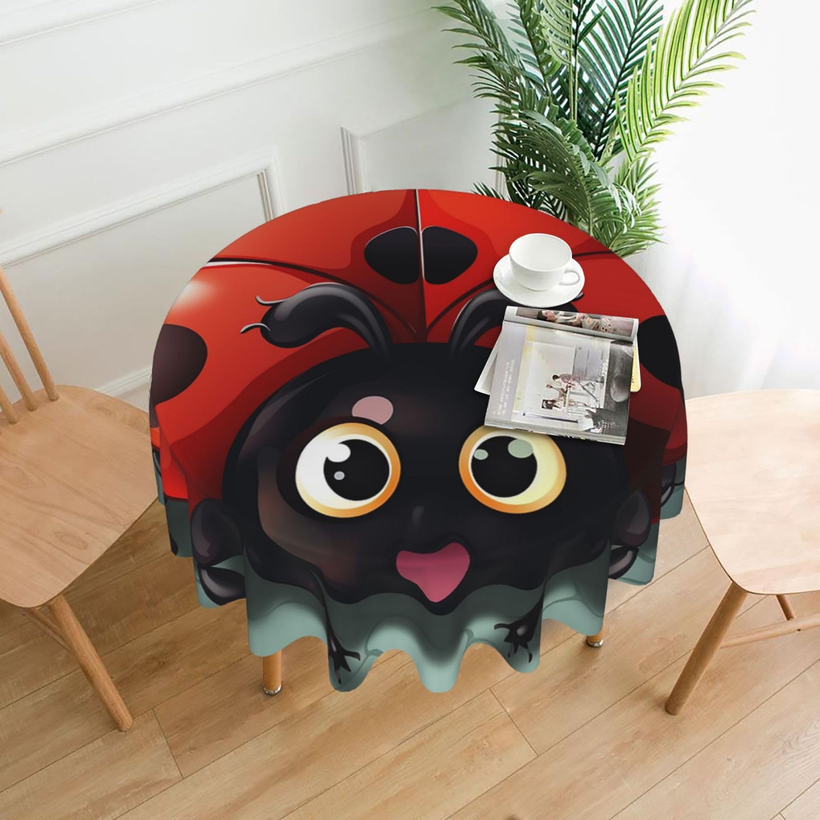 Fodpand Black Cartoon Ladybug Tablecloths For Round Tables 60 Inches - Reusable And Washable Kitchen Table Clothes Decorative Table Cover For Dining Tables, Buffet Parties, Wrinkle Resistant