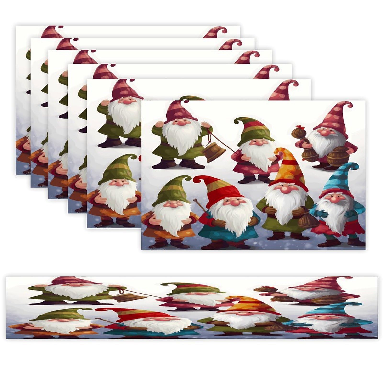Xmas Funny Gnomes Placemats Set of 6 and Table Runner for Holiday Party Kitchen Dining Table Decor Farmhouse Style Washable Table Mat Set Heat Resistant Linen Place Mat Sets