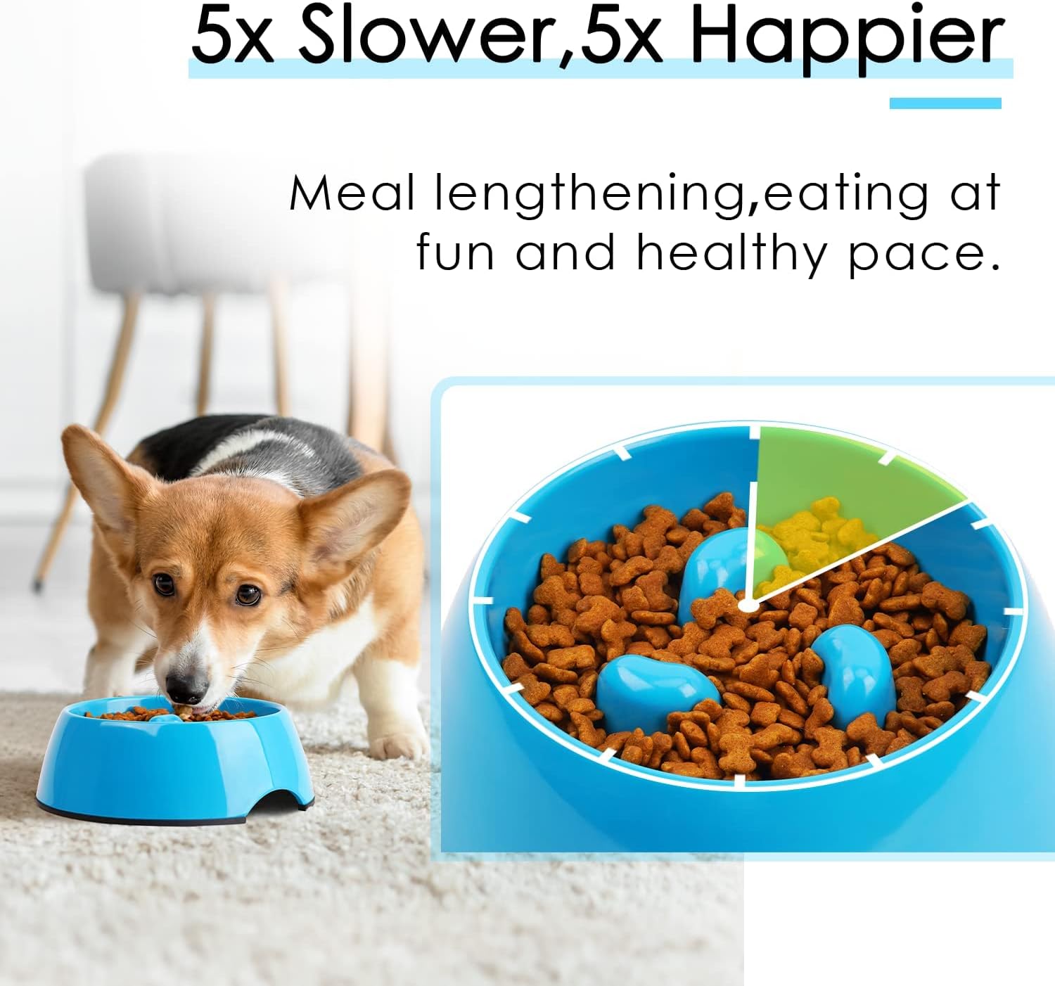 Super Design Slow Feeder Dog Bowl, Blue, Melamine, 1.5 Cup, Non-Skid Base, Heat-Resistant, Safe for Multiple Pets, Easy to Clean, Suitable for Medium to Large Dogs