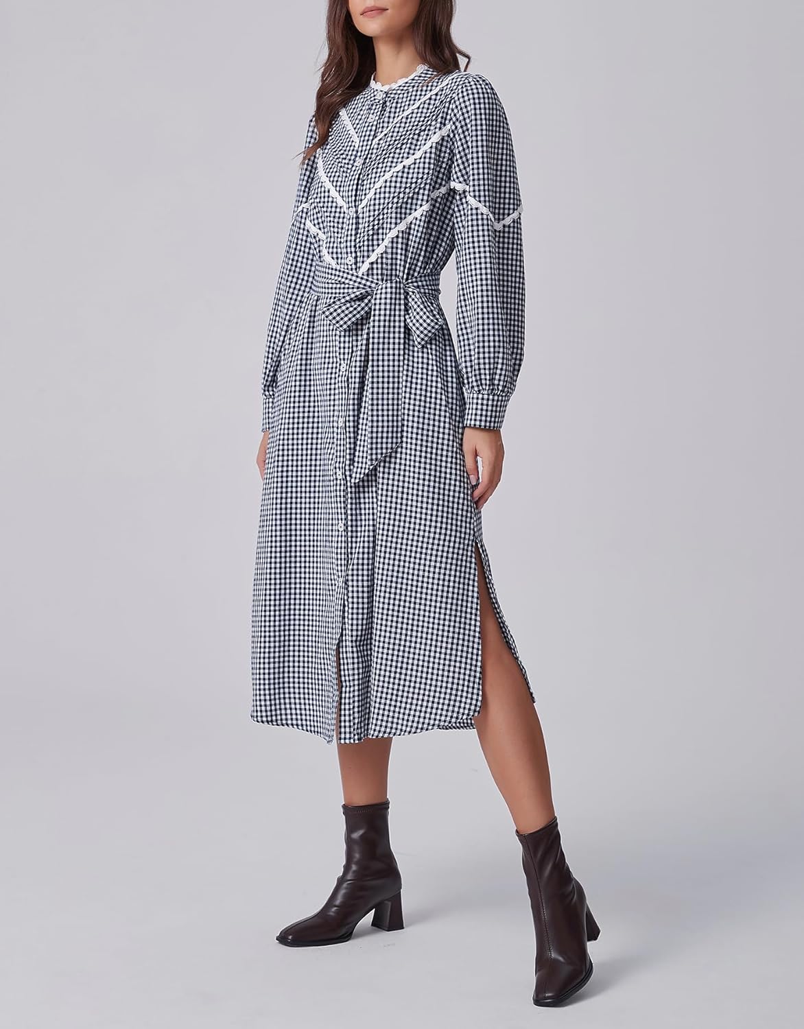 Kedera Womens Casual Mock Neck Gingham Dress Long Balloon Sleeves Button Down Tie Waist Smocked Midi Dresses - Image 3