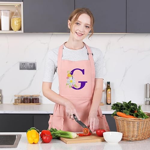Miniatura 7 de Miracu Delantal rosa con inicial, delantal de cocina para mujer con bolsillos para hornear, regalo con monograma para el día de la madre para mujeres
