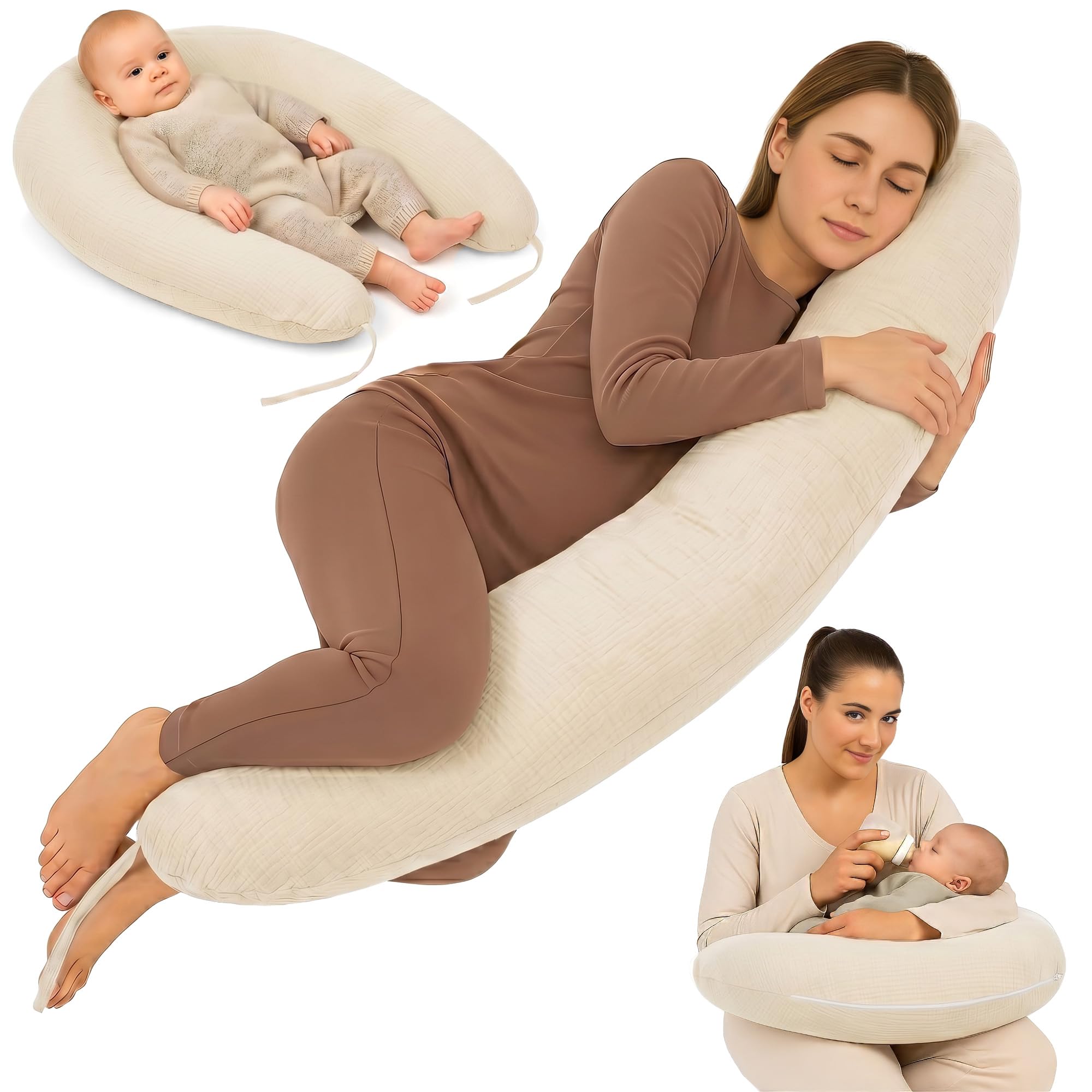 Totsy Baby Cojin Lactancia y Embarazo 190cm – Almohada para Dormir de Lado Descanso y relajación Ideal para futuras mamás Forma en C Muselina Oeko-Tex
