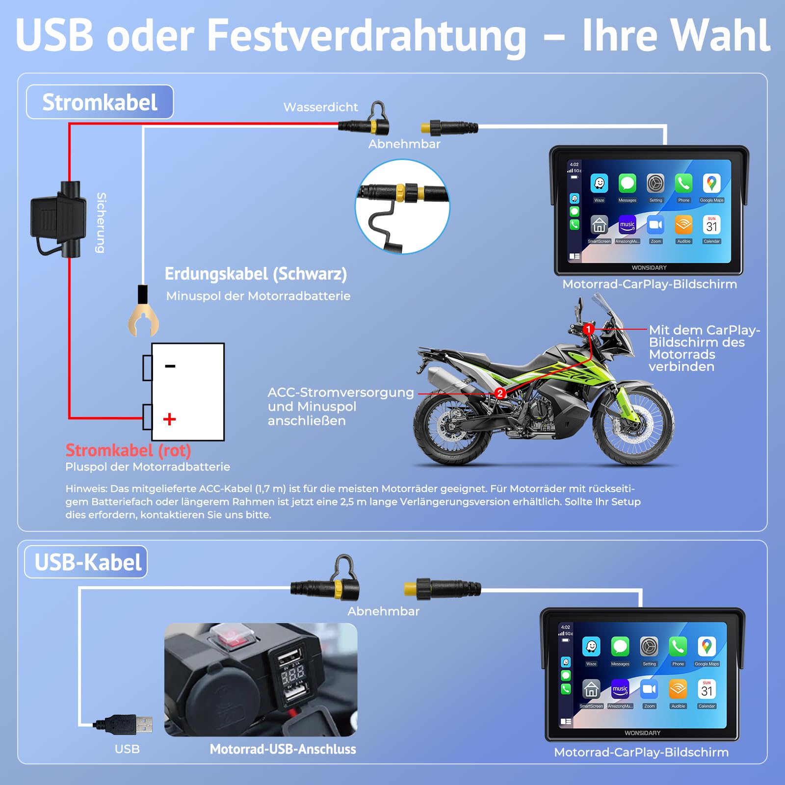 Kabelloses Motorrad CarPlay kompatibel mit Apple CarPlay & Android Auto,W522 5 Zoll IP67 Wasserdicht Touchscreen mit Dual Bluetooth,GPS Navigation,Sprachsteuerung,Equalizer,USB/Acc Stromversorgung