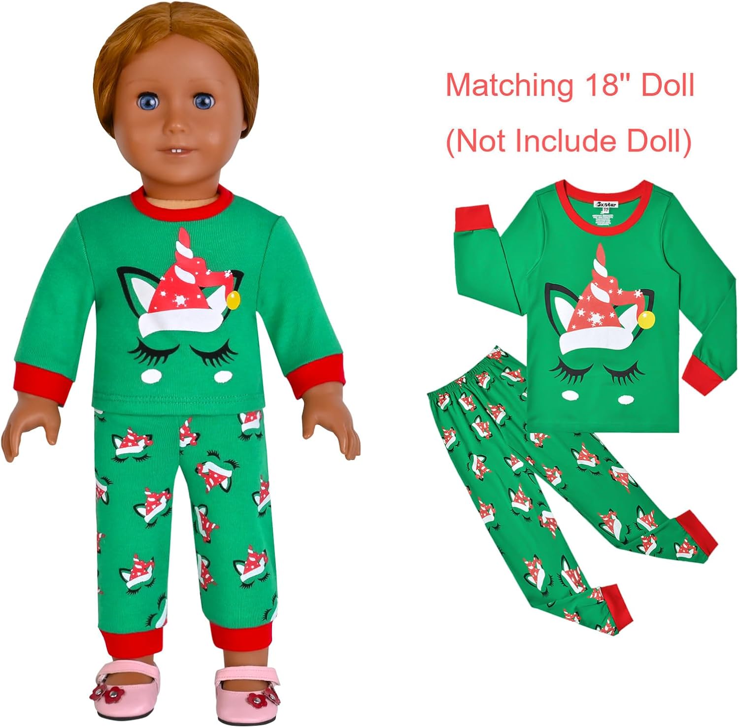 Jxstar Matching Girls & Dolls Pj Set Christmas Pajamas 18 inch Doll Cotton Sleepwear - Image 2