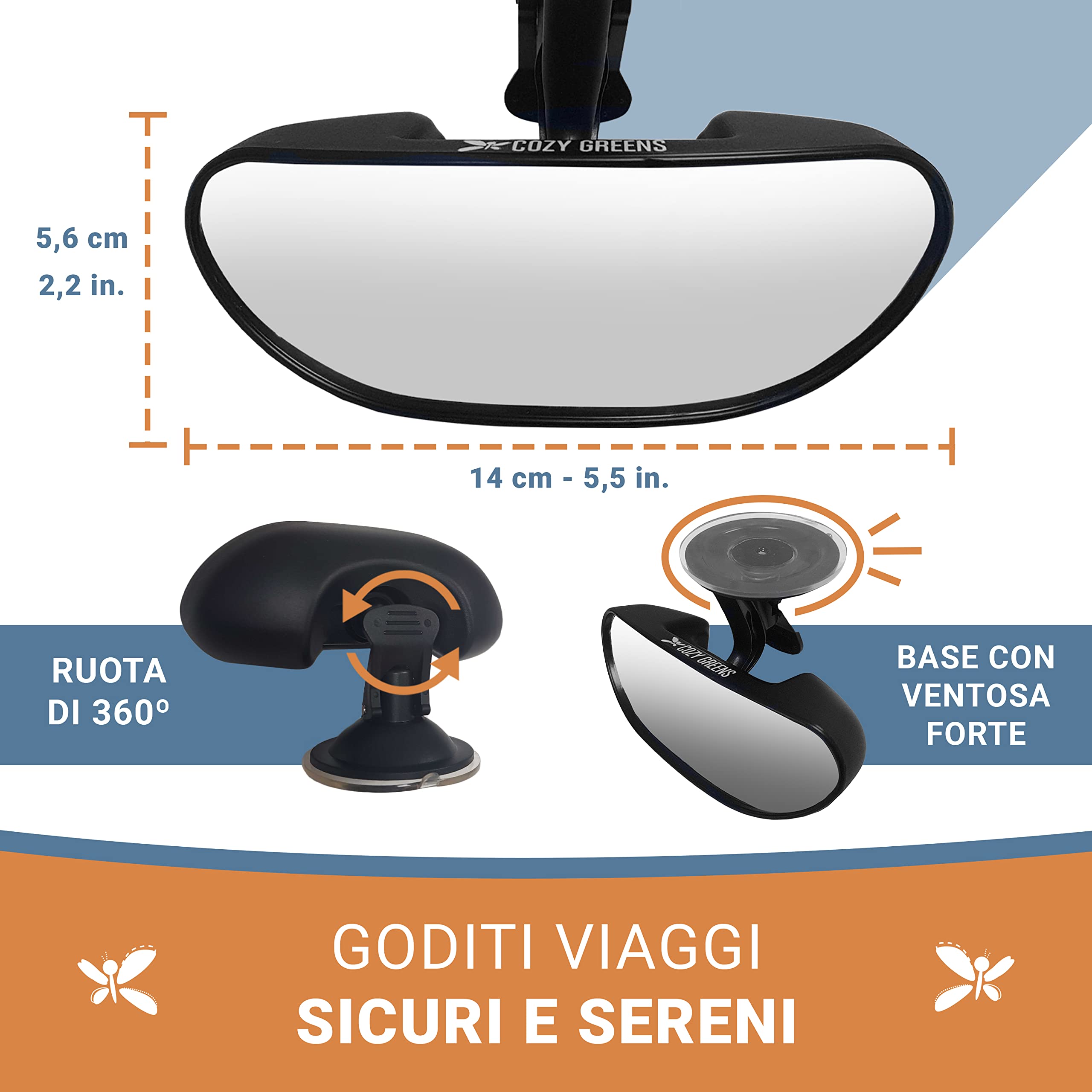 COZY GREENS Specchio Auto Per Bambini Parabrezza Per Neonati Frontale, Specchio Di Sicurezza Per Bambini Infrangibile, Ventosa Regolabile (S)