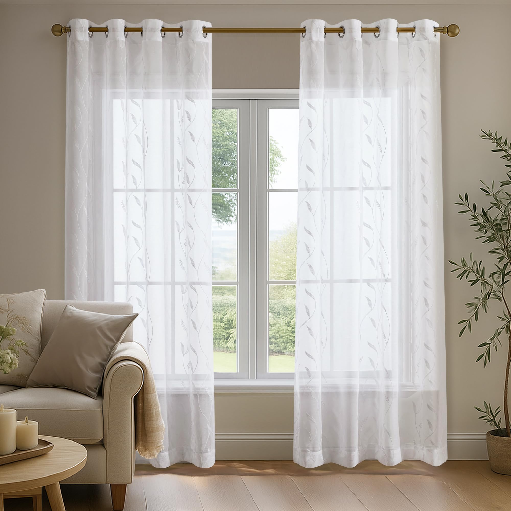 Deconovo Cortinas de Gasa translúcida con Efecto Lino, Estampado Bordado, adecuadas para Dormitorio, salón y Sala de Estudio, Blanco, Bordado Blanco, 140×183 CM, 2 Piezas Global Recycled Standard Global Recycled Standard Global Recycled Standard