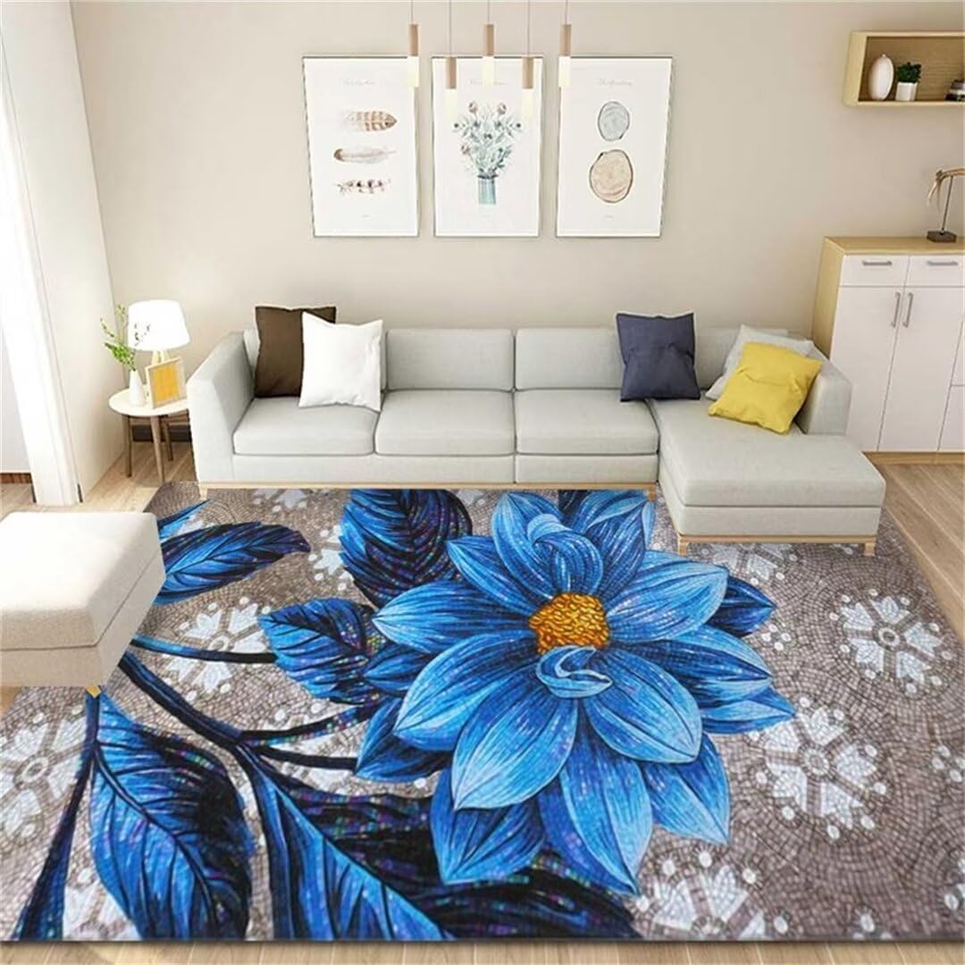 Tapis de salon lavable et antidérapant grand motif classique bleu