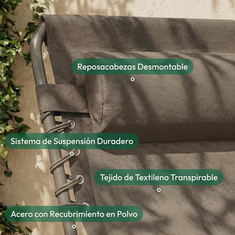 CASABEL Tumbona Plegable con Cojín, Tumbona Jardín Resistente y Cómoda con Tejido Textilene, Estructura de Acero para Jardín, Terraza, Camping o Piscina, Color Topo