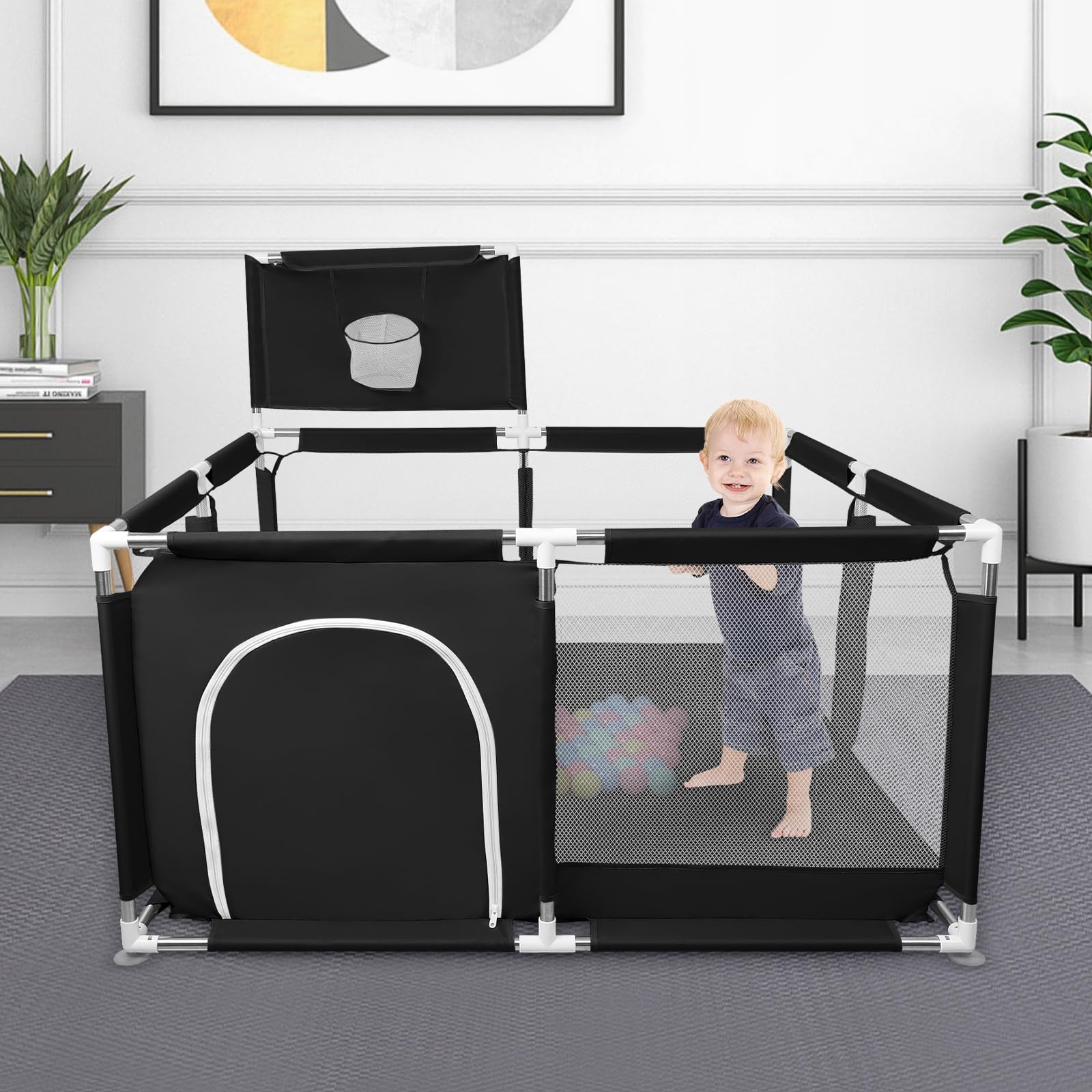Box per Bambini con Succhiatori, Versione potenziata 2025 Recinto per Baby Tessuto Oxford 300D, Centro Attività per Bambini, Facile da Montare e da Pulire-126 * 126 * 66 cm - Nero