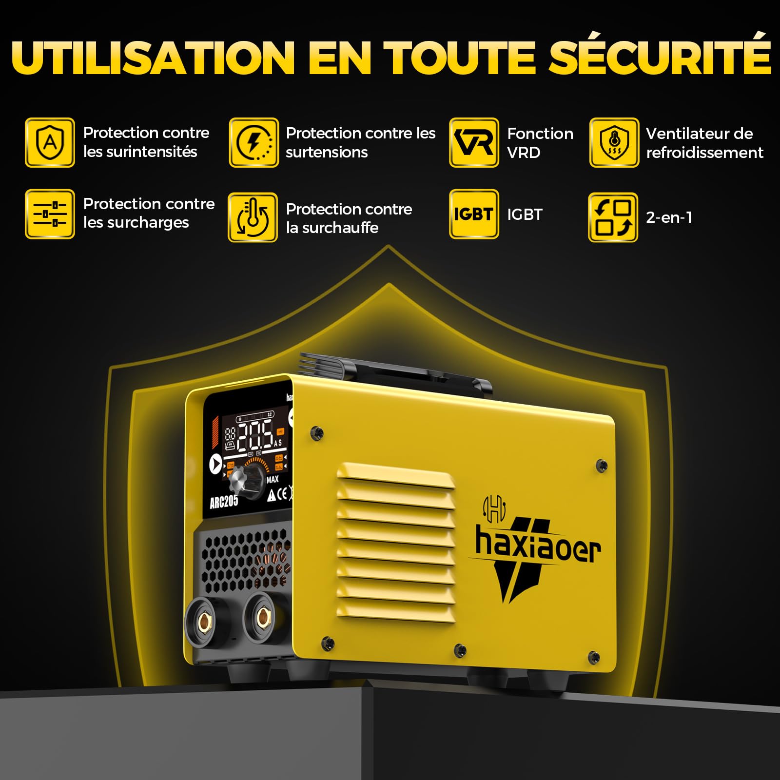 haxiaoer ARC205 Poste a Souder ARC – 205A 230V DC Poste à Souder Inverter avec Lift TIG, Affichage LED, Anti-stick, Hot Start, ARC Force, 10 électrodes