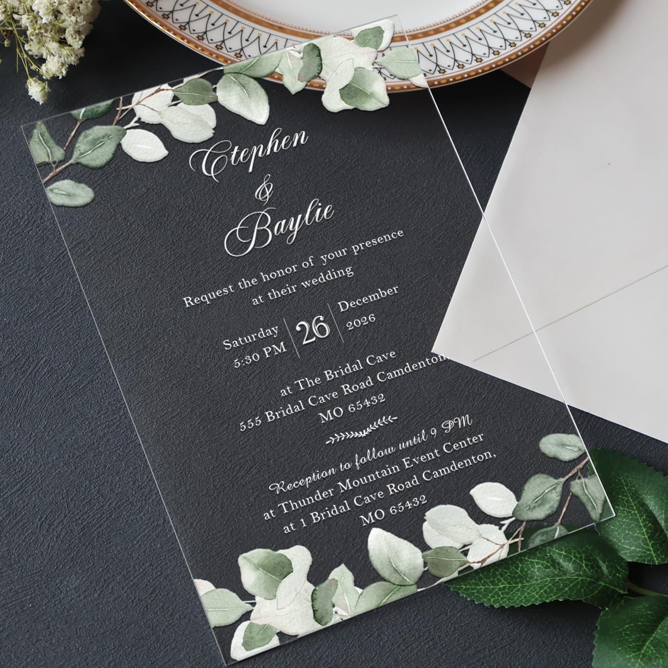 Hosmsua 20Pcs Personalized Green Wedding Acrylic Invitation, 5x7 Green Eucalyptus Leaves Acrylic Glass Invitation Cards with Envelopes for Birthday Wedding Anniversary