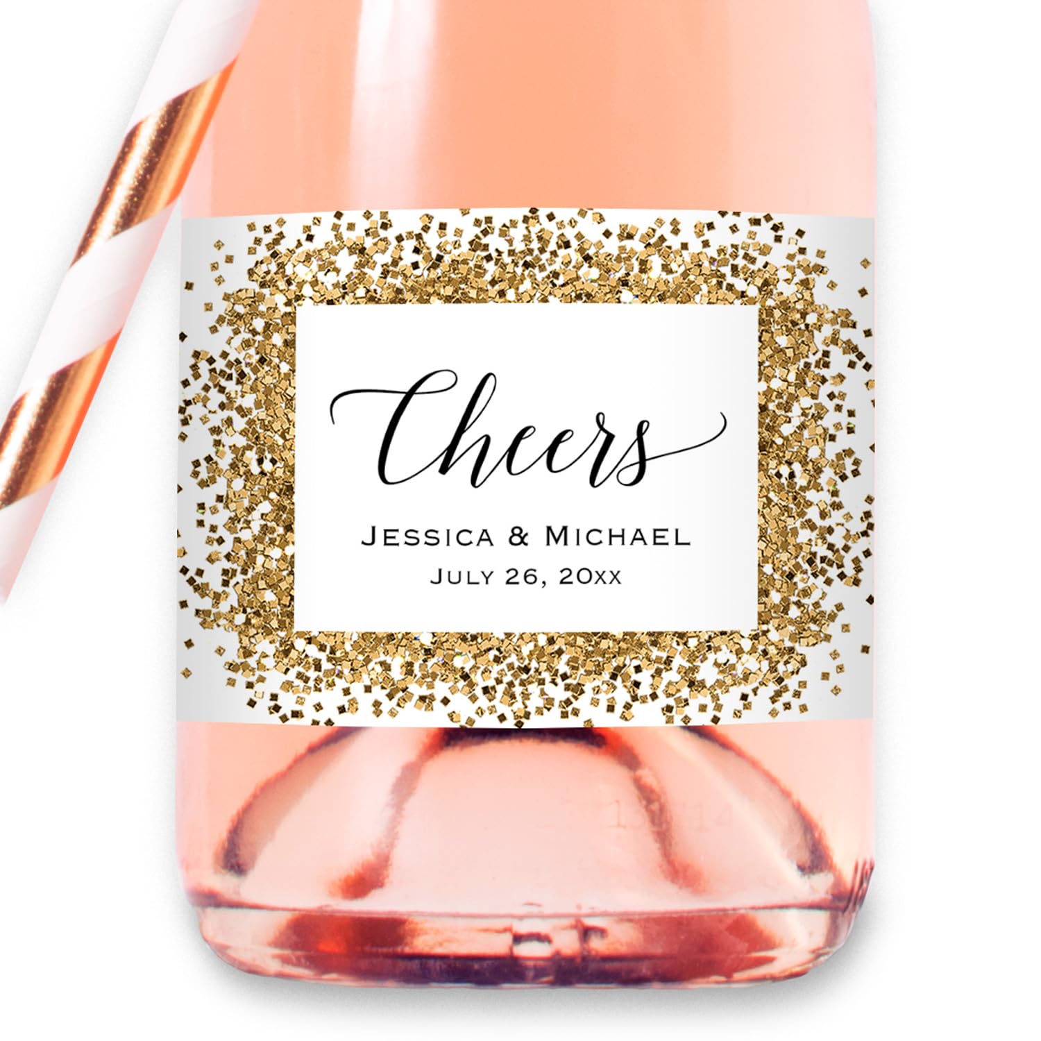Cheers - Custom Gold Glitter(Not Real Foil) Mini Champagne Bottle Label, Personalized Waterproof Mini Wine Bottle Sticker for Wedding Anniversary