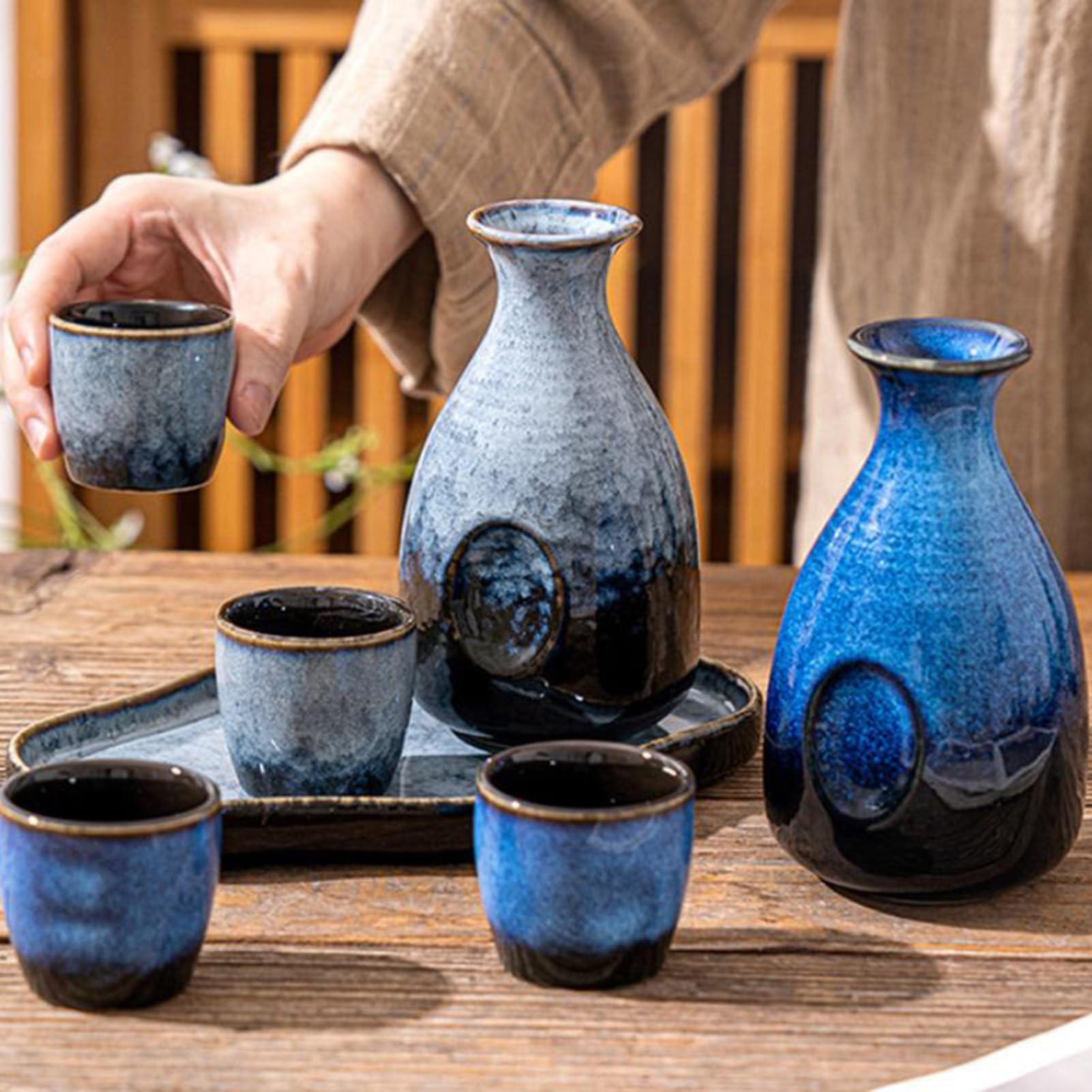 Vnook Japanisches Sake-Set,handgefertigten Weingläsern aus Keramikmaterialien,für kalten Sake, warmen Sake, Shochu und Tee(Blue)