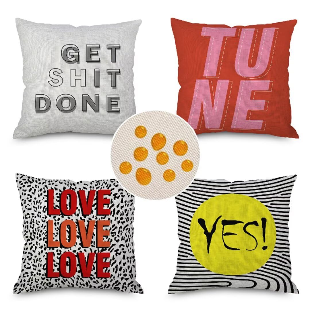 Juego de 4 Cojines Orange Love Letters Fundas Cojines Exterior Impermeable 60x60cm Lino Almohada Decorativa, Grandes Funda de Cojin, para Sofás Silla Oficina Coche Interior Fundas para Cojines F98