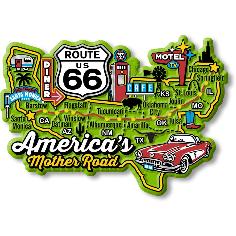 Route 66 America's Mother Road Map Magnet by Classic Magnets, 4.1" x 3", Collectible 3D Rubber Vintage-Style Souvenirs and Gifts Made in The USA